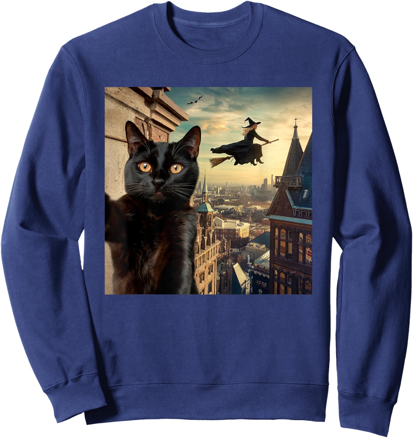 Witch and Black Cat Selfie Photo Halloween Magic Lovers Sweatshirt - Sweatshirt | Navy