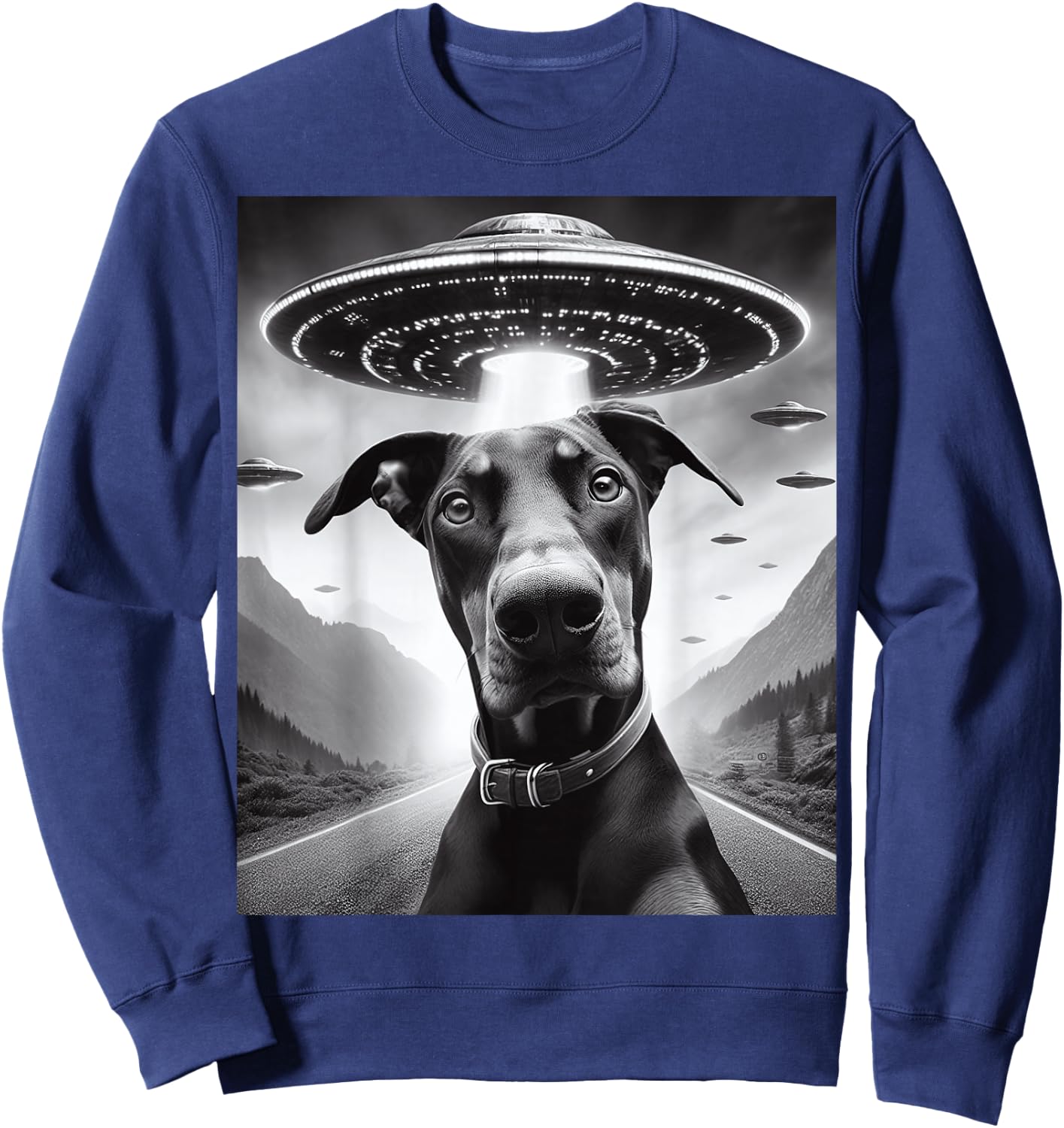 Funny Doberman Pinscher Selfie with UFOs Sweatshirt - Sweatshirt | Navy