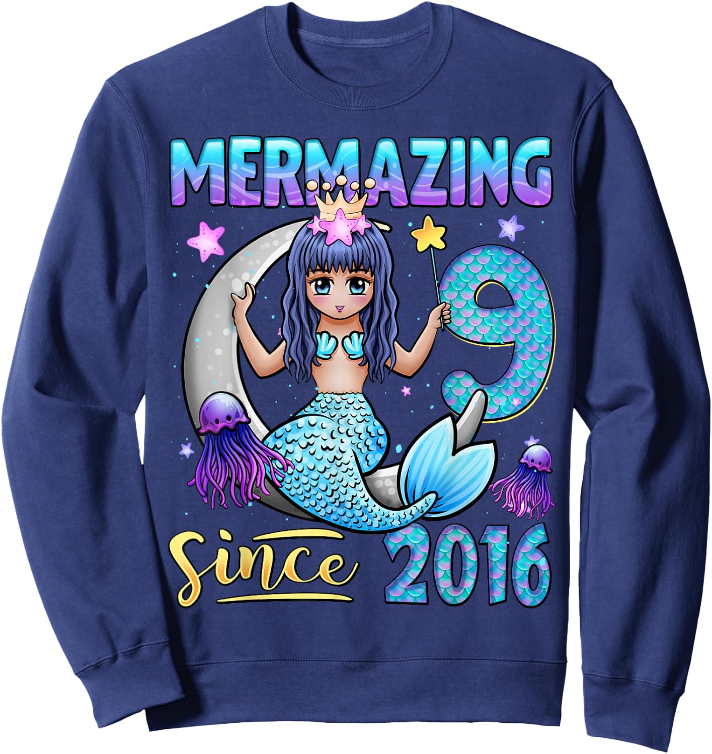 Mermaid Birthday Shirt 9 Years Old Mermaid 9th Birthday Girl Sweatshirt - Sweatshirt | Navy
