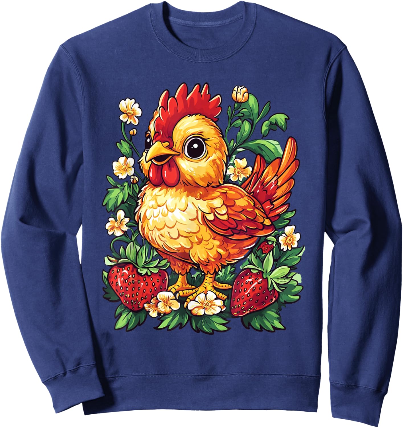 Chicken Strawberries and Flowers Graphic Cute Chicken Sweatshirt - Sweatshirt | Navy