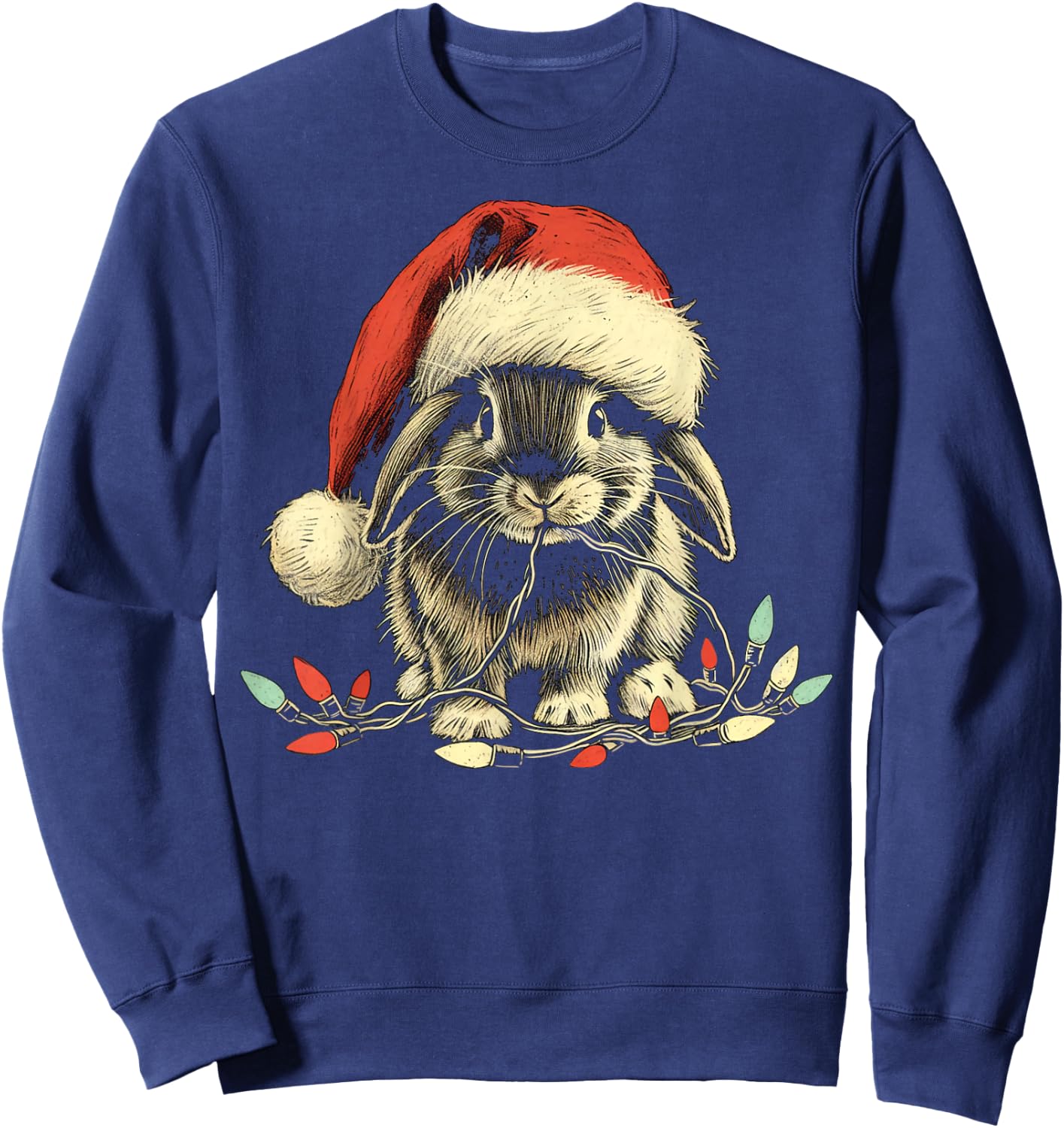 Holland Lop Rabbit Bunny Chew Christmas Light Xmas Holiday Sweatshirt - Sweatshirt | Navy