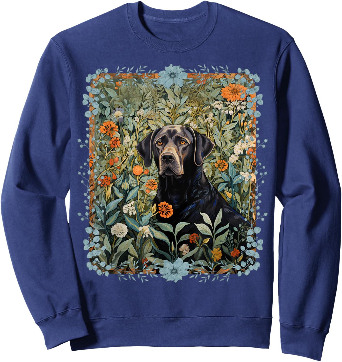 Black Labrador Retriever in William Morris Style Garden Sweatshirt - Sweatshirt | Navy