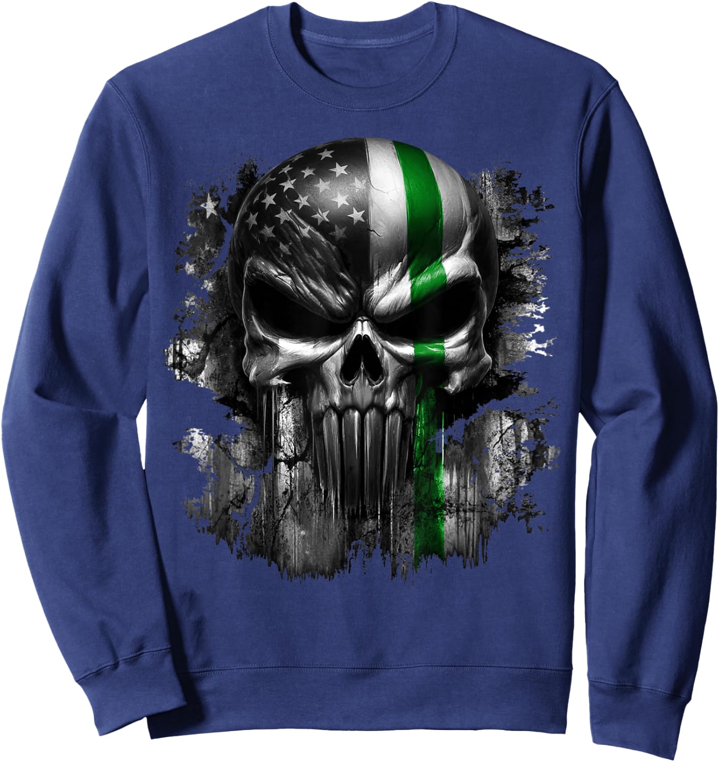 USA American Skull Patriotic Line Flag Grunge Graphic Sweatshirt - Sweatshirt | Navy