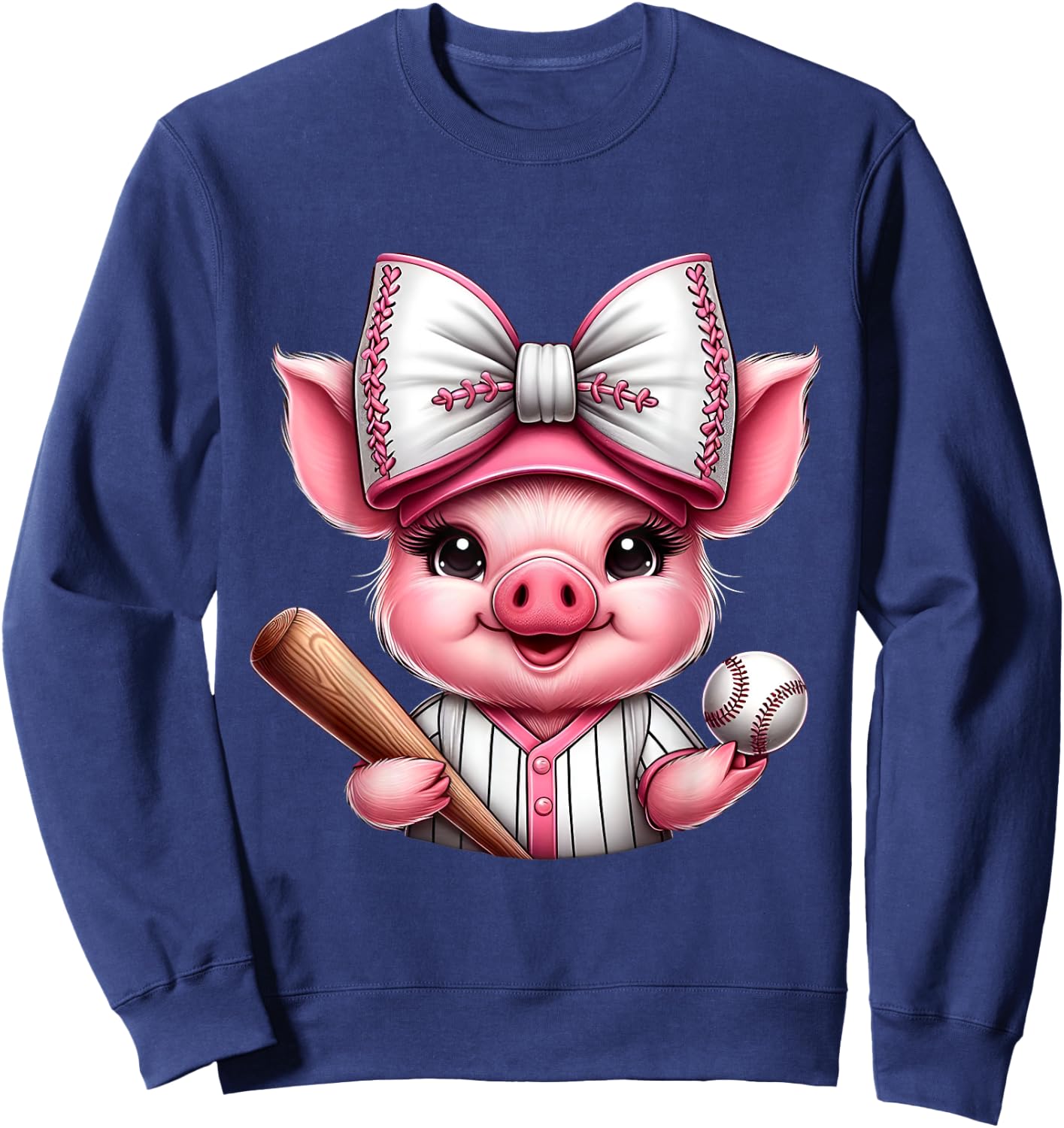 Cute Pig Baseball Coquette Bow Pig Baseball Player Sweatshirt - Sweatshirt | Navy