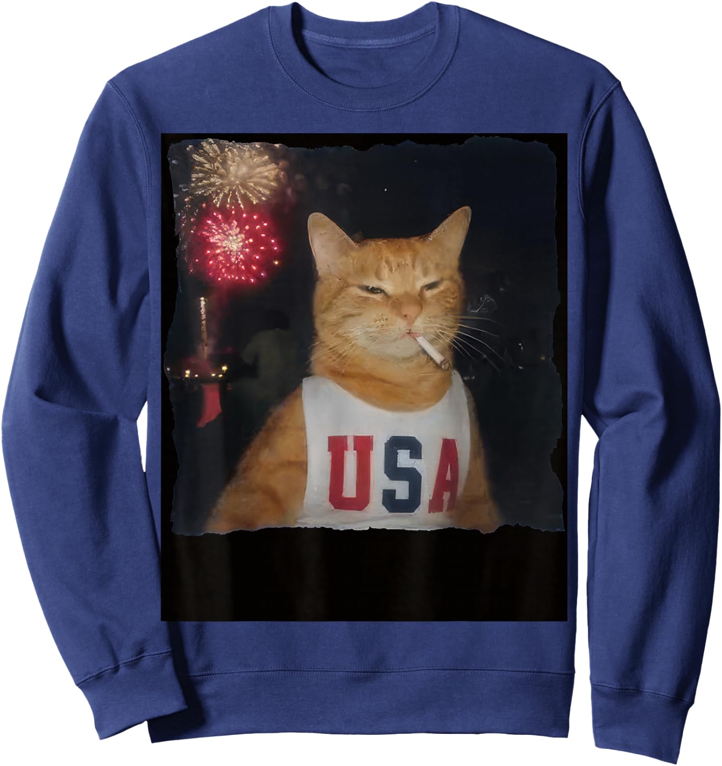 Funny Patriotic Orange Cat Fireworks 4th of July USA Flag Sweatshirt - Sweatshirt | Navy