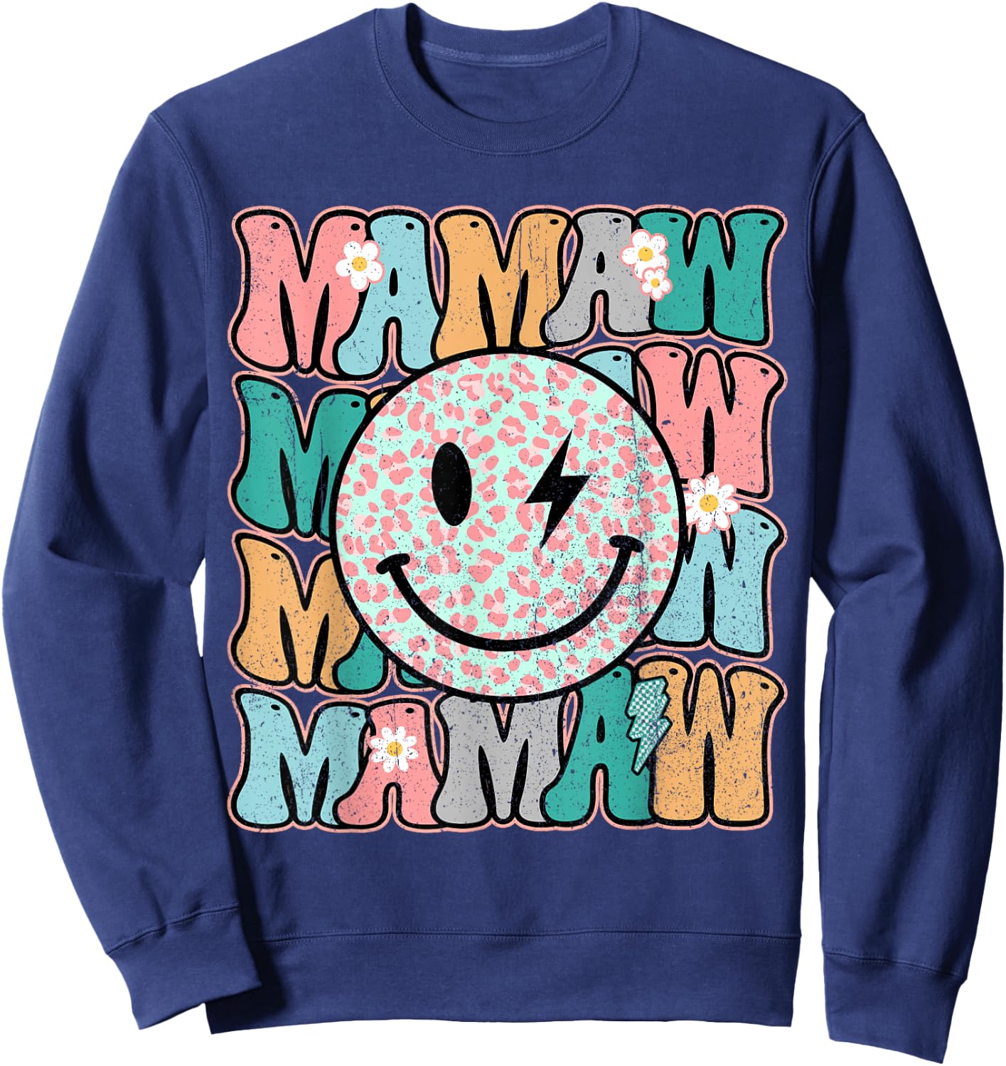 Groovy Mamaw Leopard Smile Face Grandma Life Mother's Day Sweatshirt - Sweatshirt | Navy