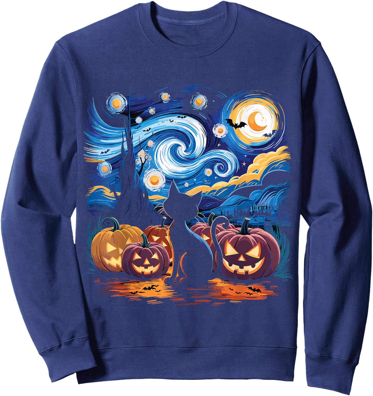 Halloween Van Gogh Starry Night Black Cat Pumpkin Shirt Men Women Kids Sweatshirt - Sweatshirt | Navy
