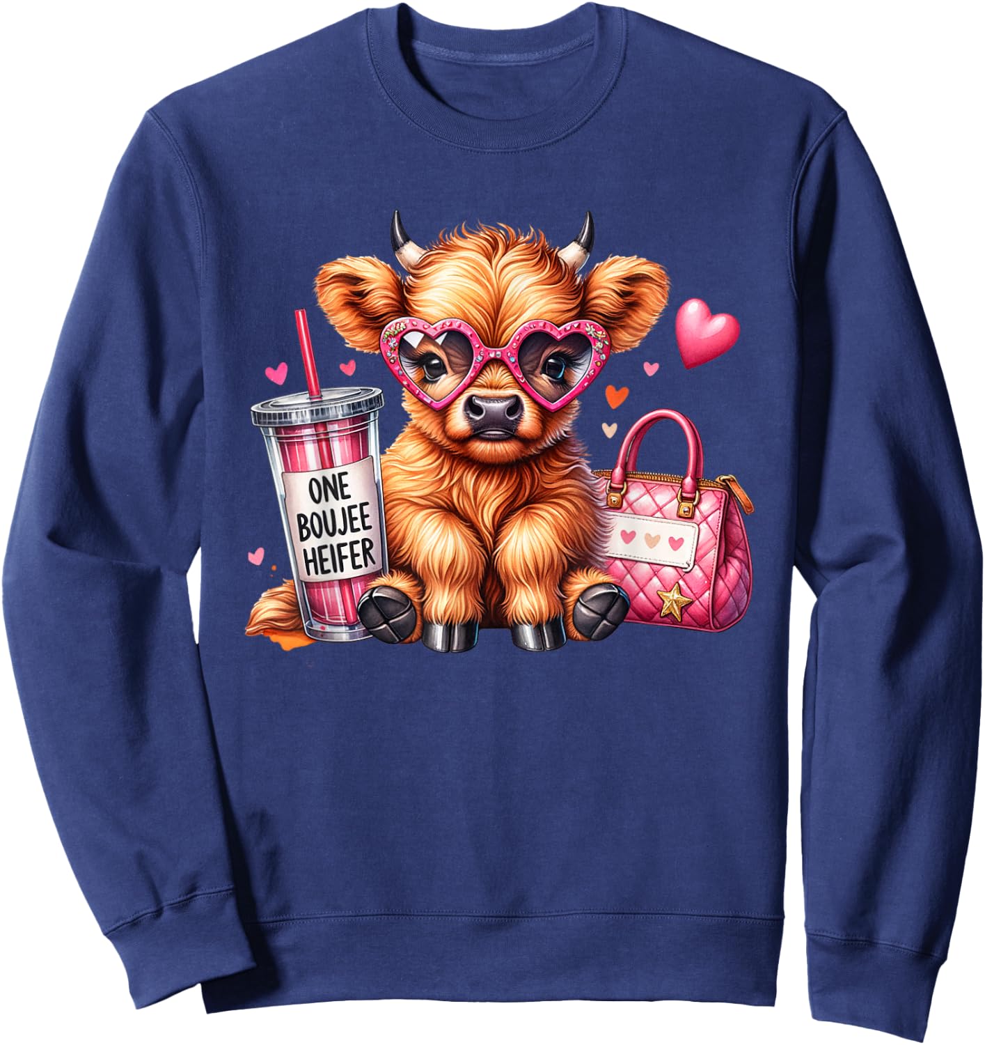 One Boujee Heifer Highland Cow Bougie Pink Tumbler Handbag Sweatshirt - Sweatshirt | Navy
