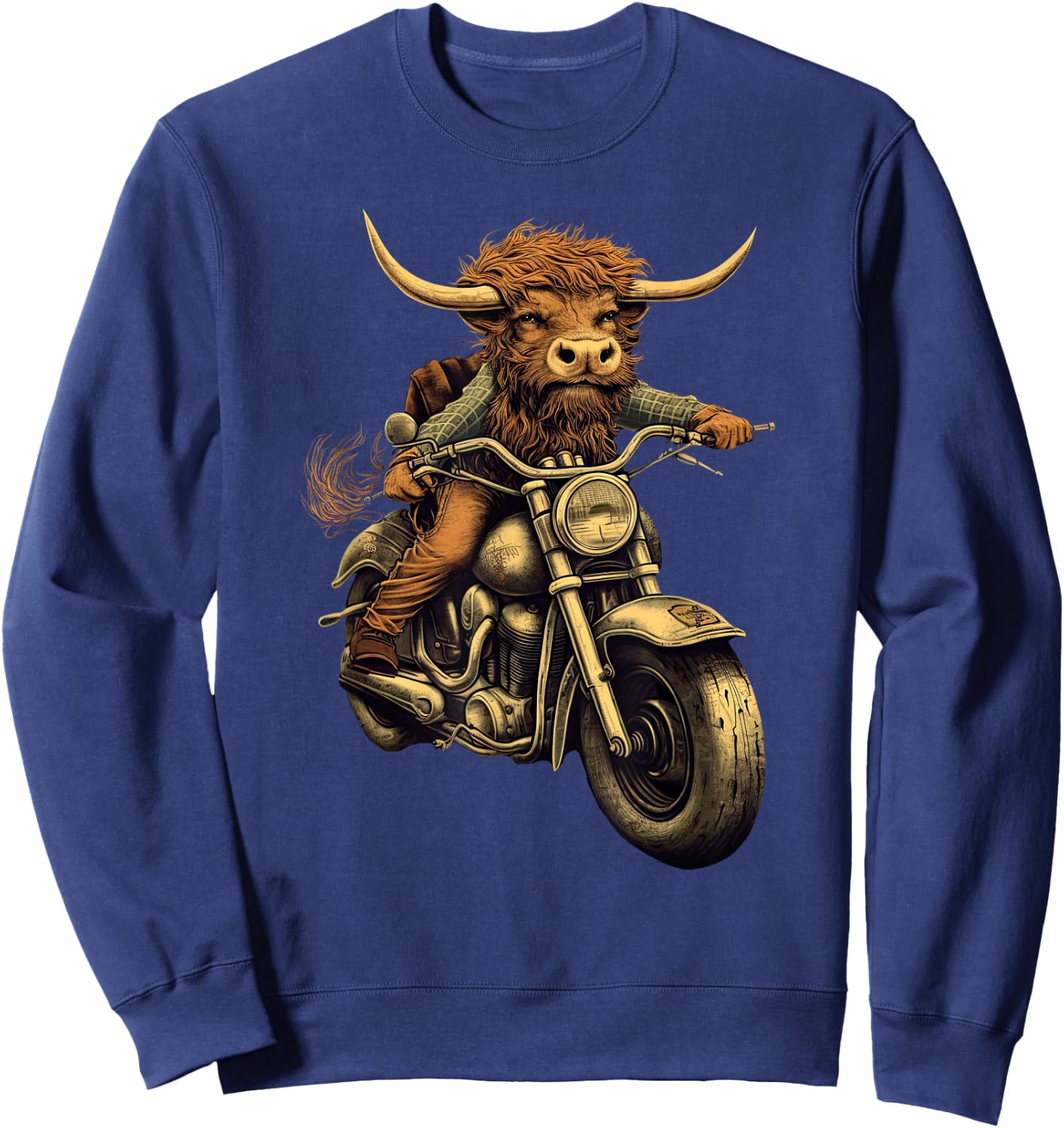 Scottish Highland Cow Cattle Hairy Cow Rides motorcycle men Sweatshirt - Sweatshirt | Navy