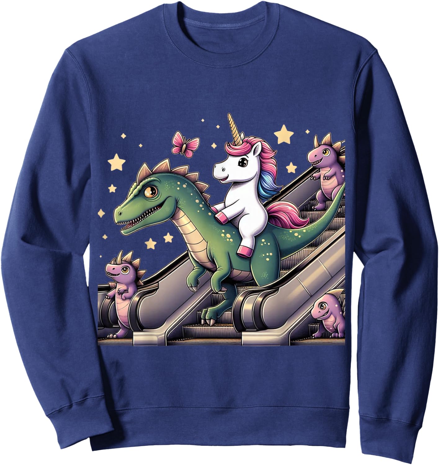 Unicorn Dinosaur Escalator Girls Boys Men Women Kids Rainbow Sweatshirt - Sweatshirt | Navy