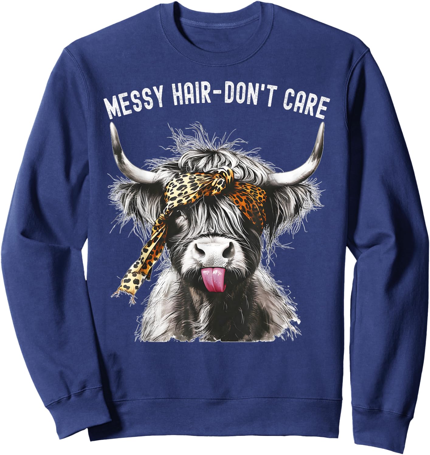 Highland Cow Leopard Print Messy Hair Don't Care Western Sweatshirt - Sweatshirt | Navy