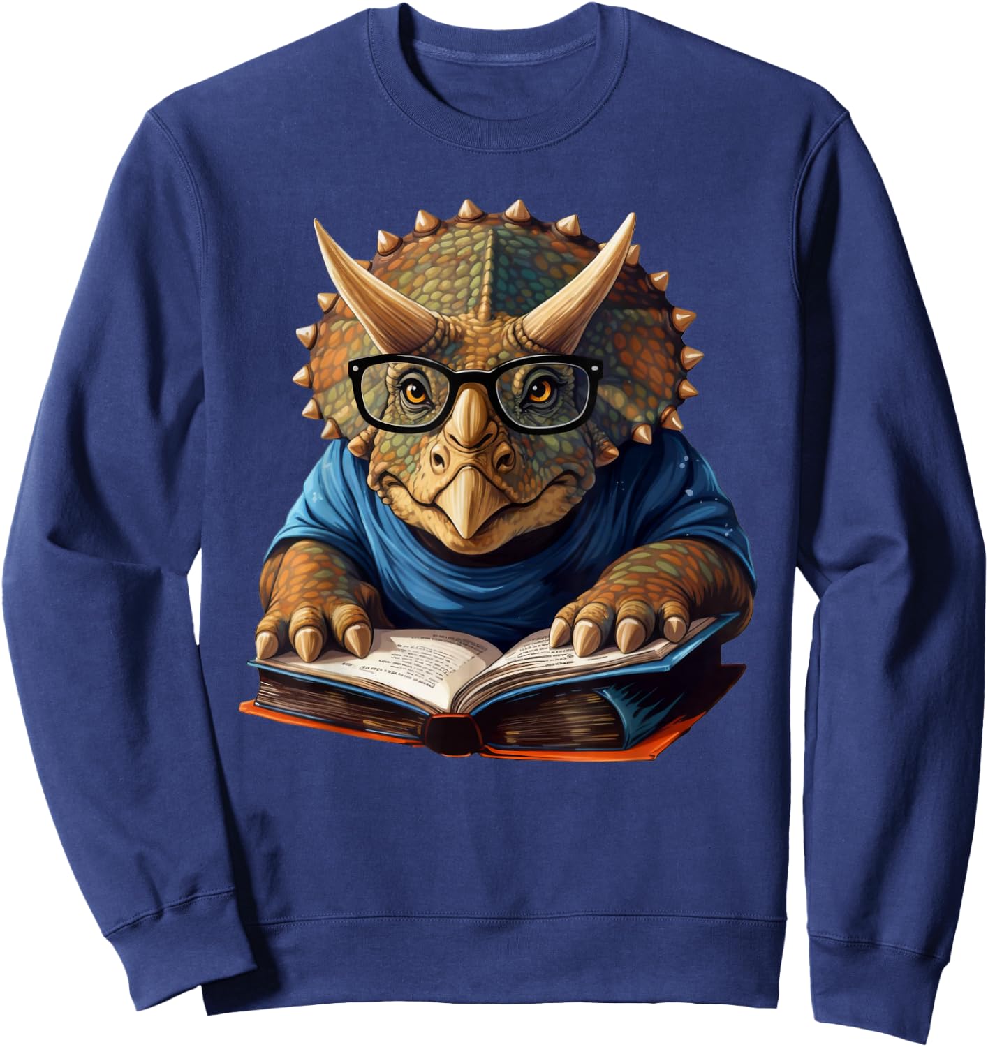 Triceratops Dinosaur Reading Book Nerd Sweatshirt - Sweatshirt | Navy