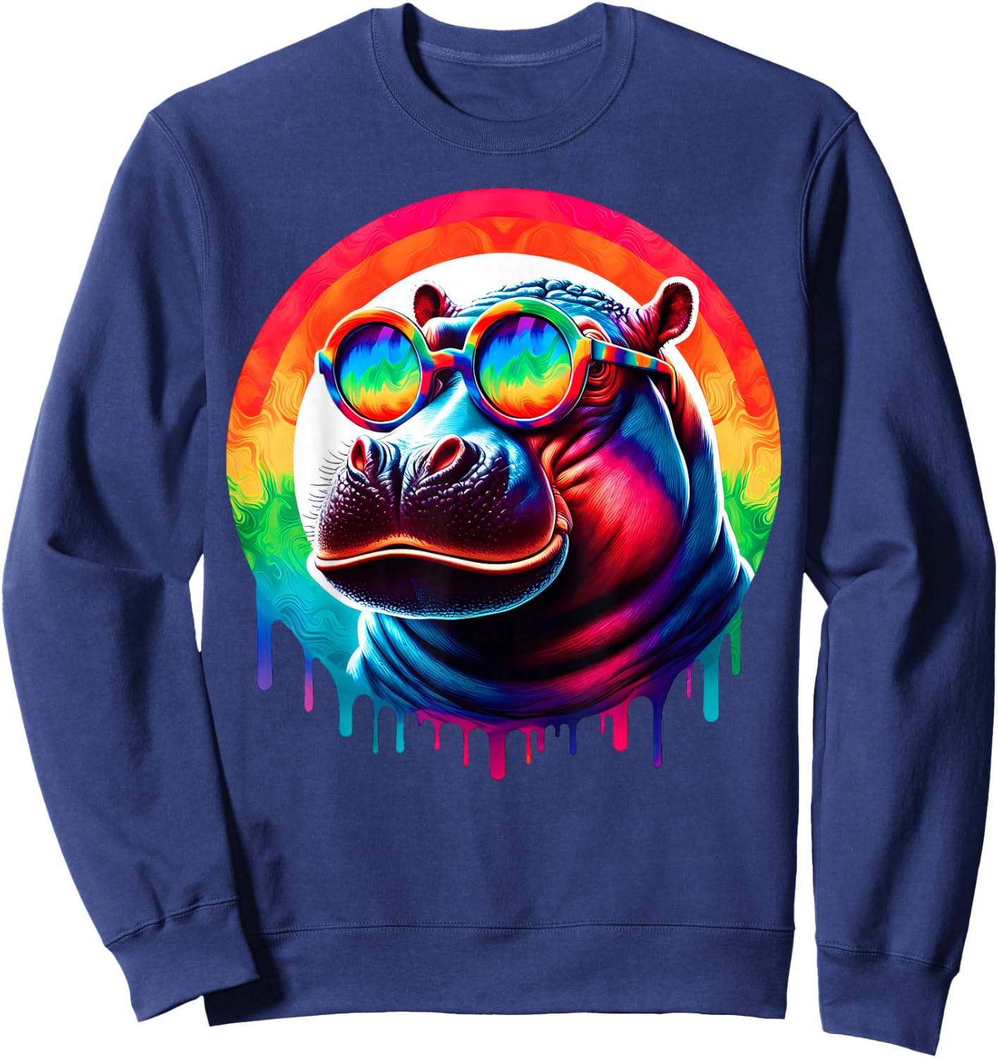 Cool Tie Dye Sunglasses Hippopotamus Hippo Illustration Art Sweatshirt - Sweatshirt | Navy