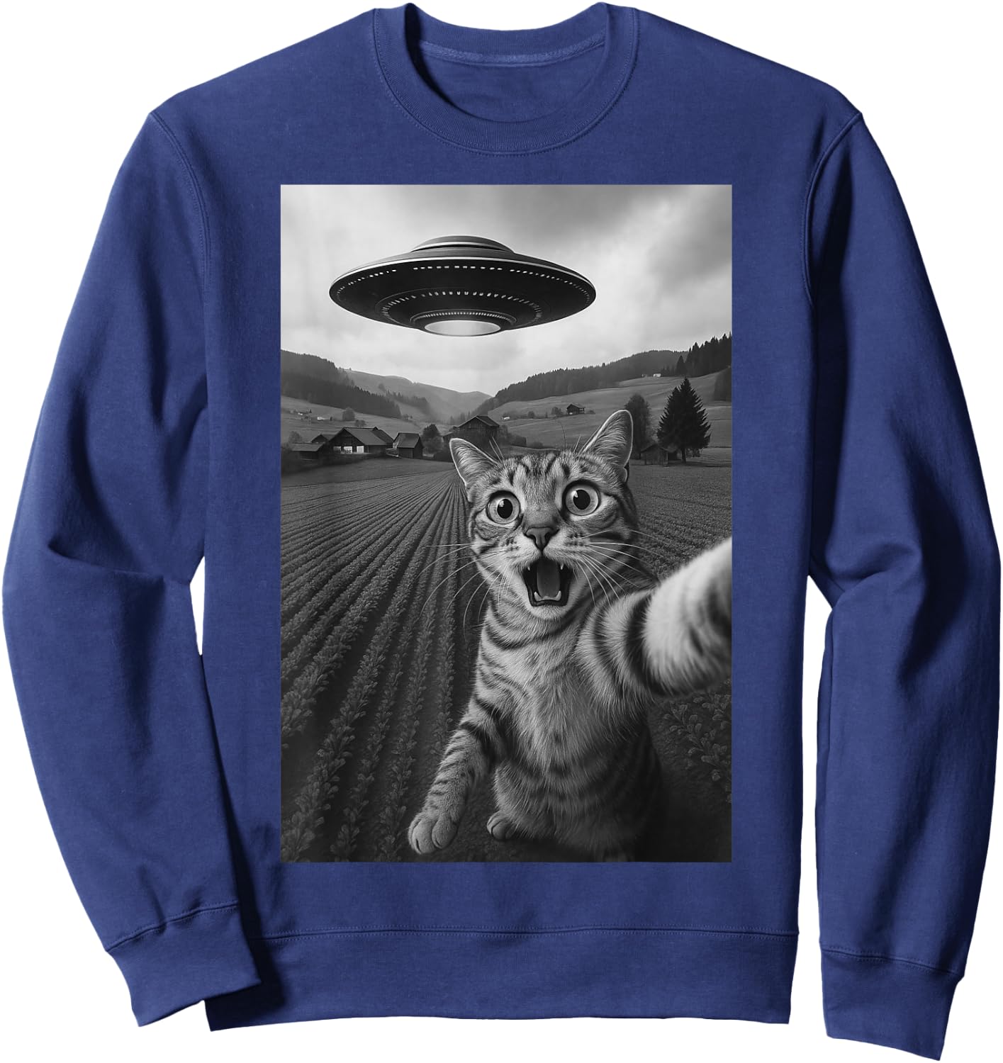 Cat Selfie With Alien UFO Funny Cat For Boys Men Women Kids Sweatshirt - Sweatshirt | Navy