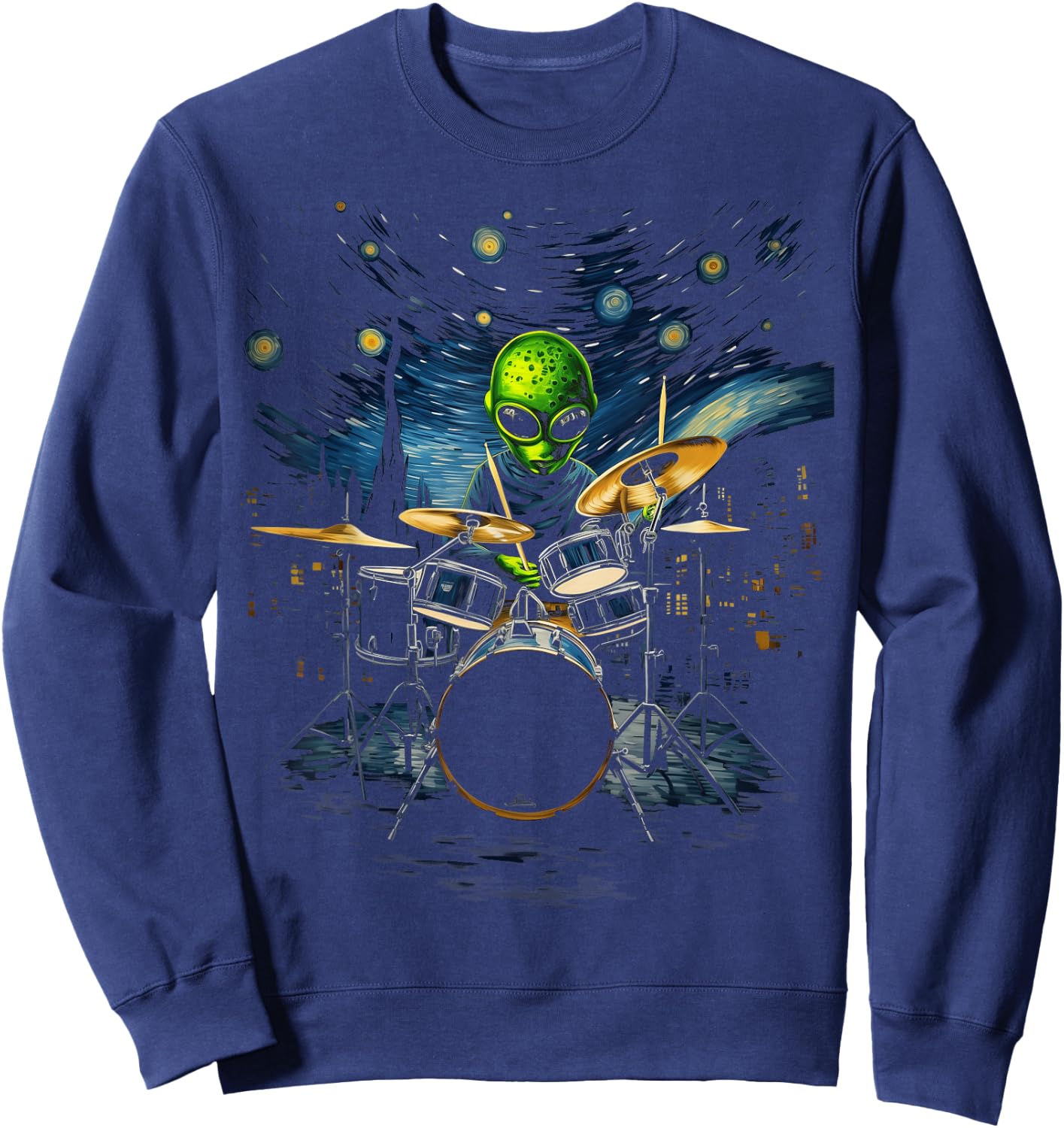 Van Gogh Alien Percussionist Drum Kit Playing Drum , Black, S Sweatshirt - Sweatshirt | Navy