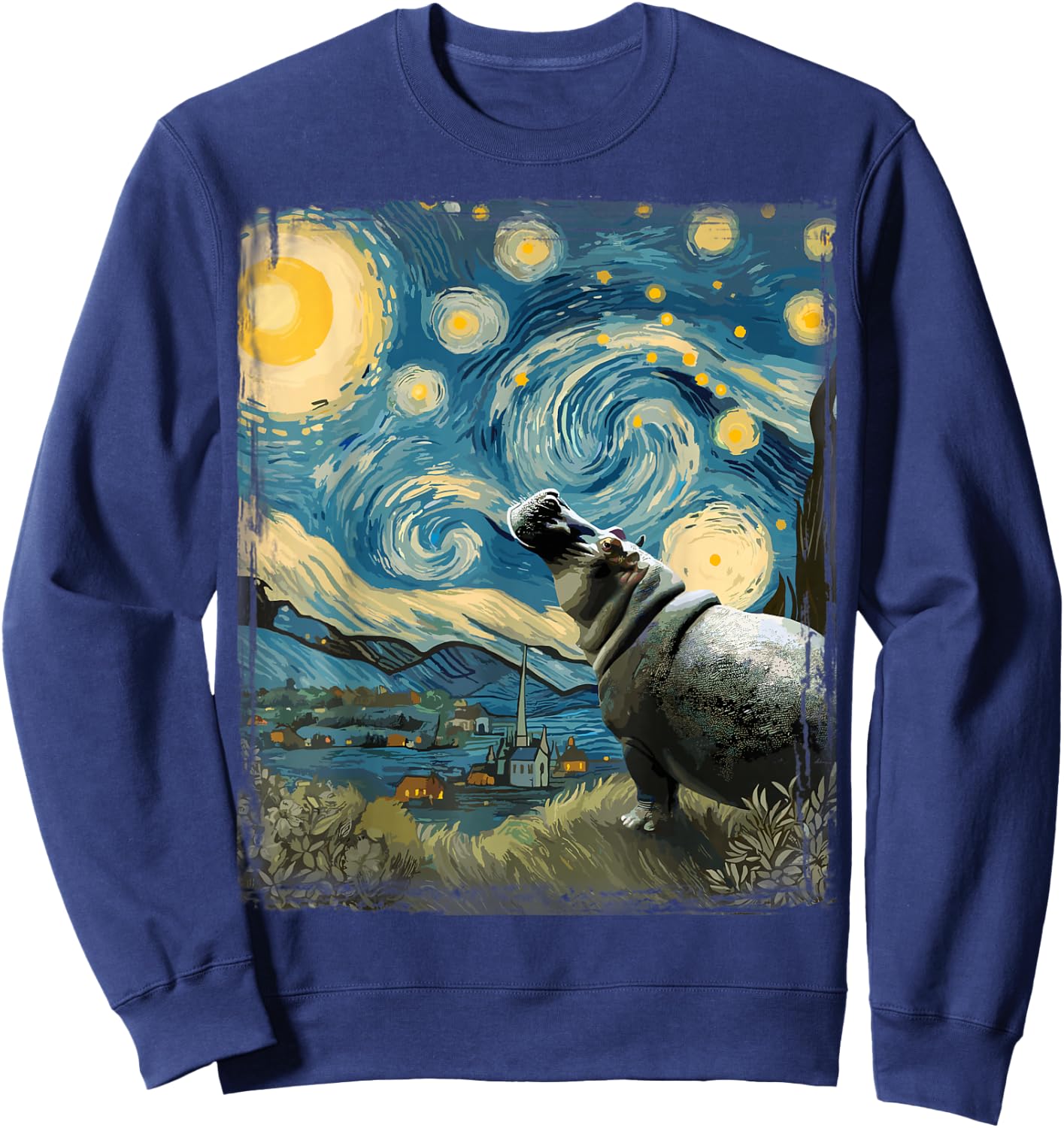 Hippo Starry Night Art Parody Funny Surreal Hippopotamus Sweatshirt - Sweatshirt | Navy