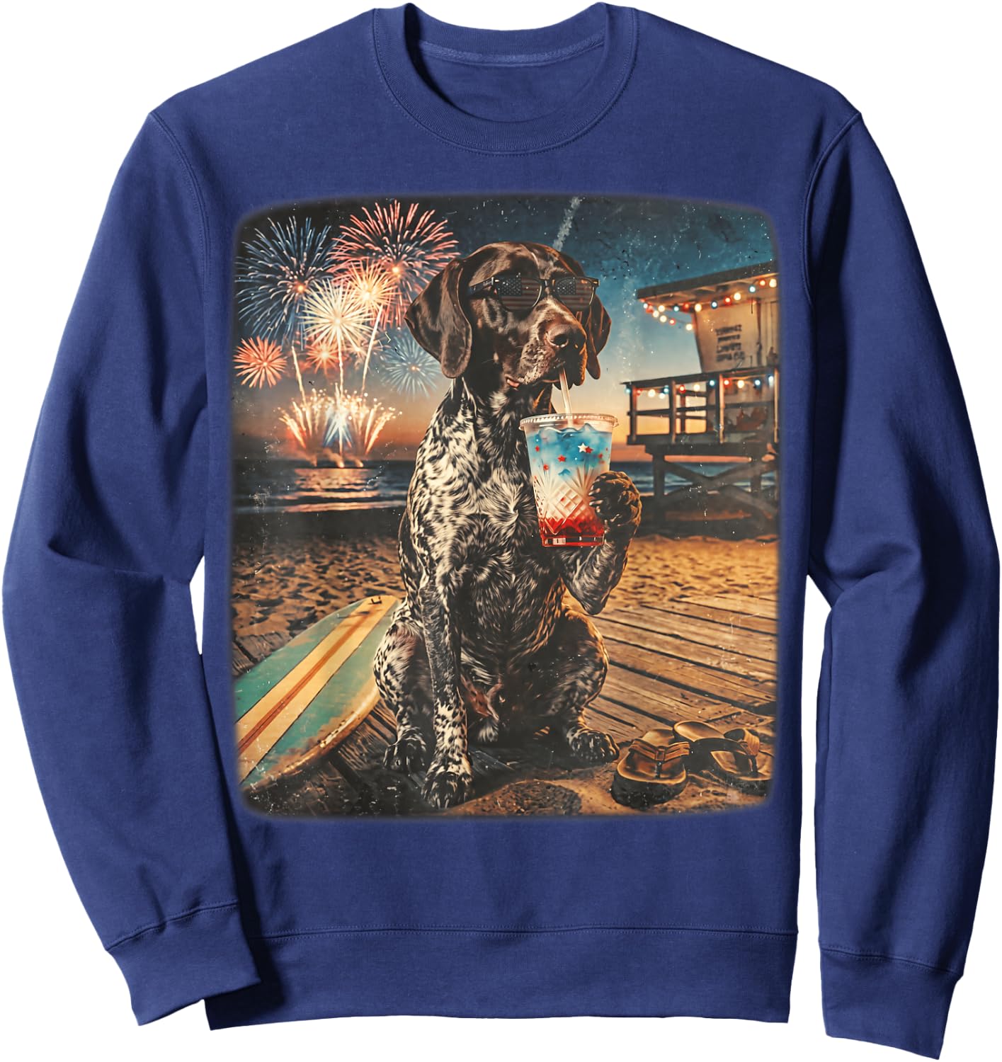 German Shorthaired Pointer Patriotic Beach Fireworks Dog Art Sweatshirt - Sweatshirt | Navy