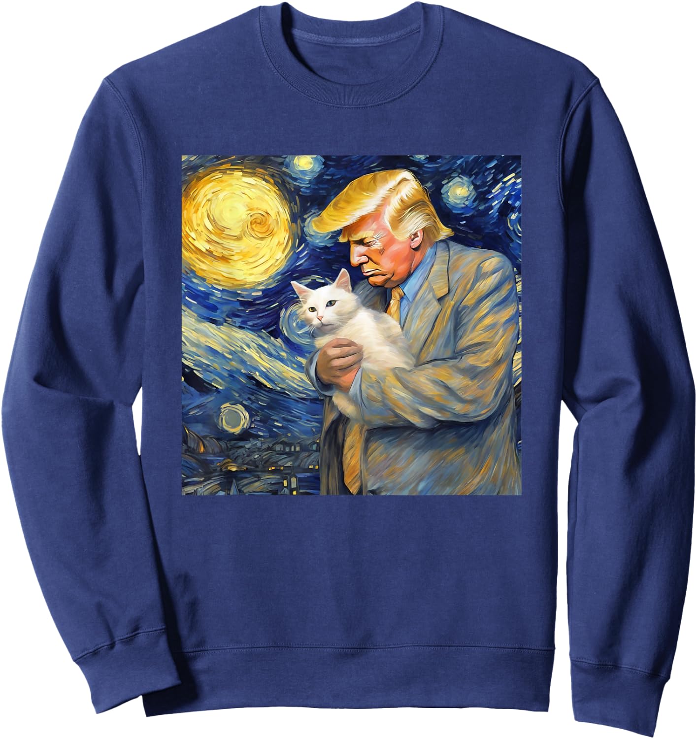 Starry Night Painting with Cat and Donald Trump Van Gogh Sweatshirt - Sweatshirt | Navy