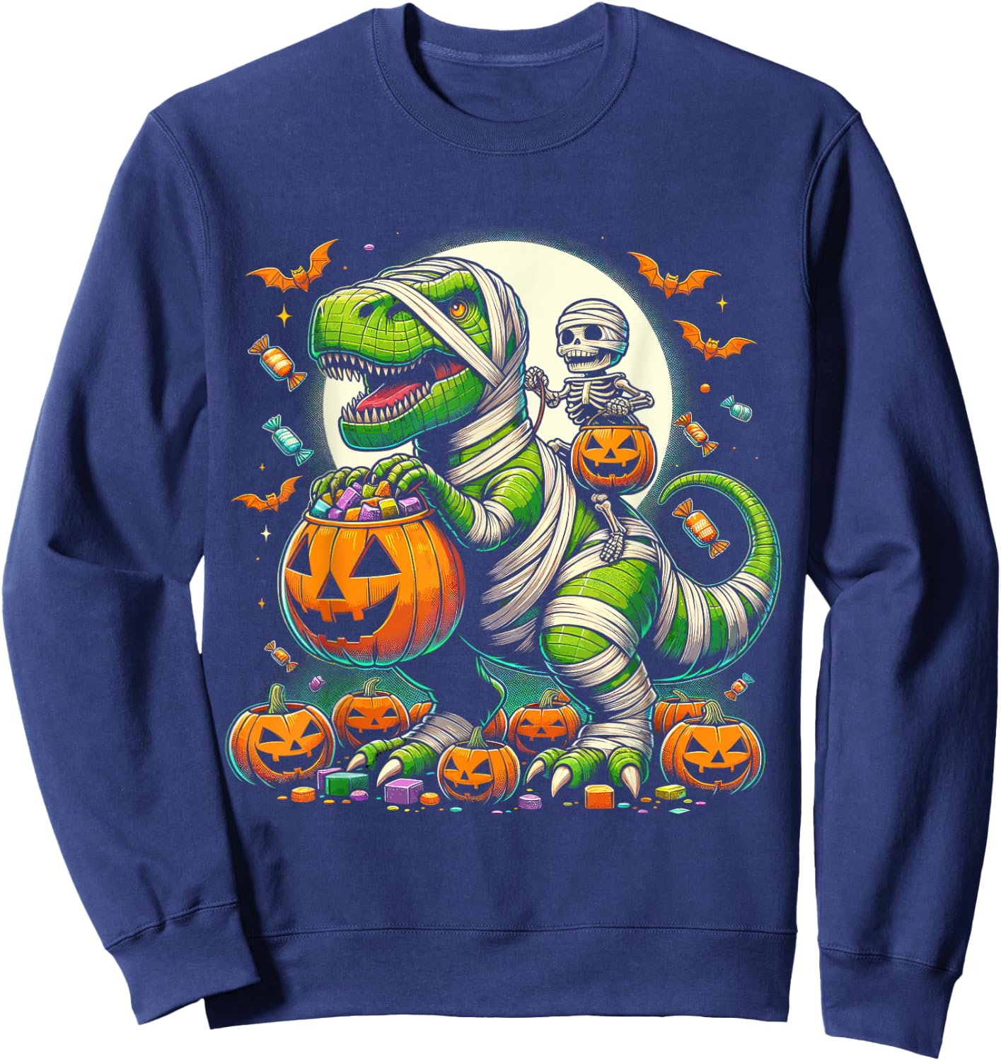 Halloween Funny T Rex Dinosaur Mummy Boys Trick Treat Sweatshirt - Sweatshirt | Navy