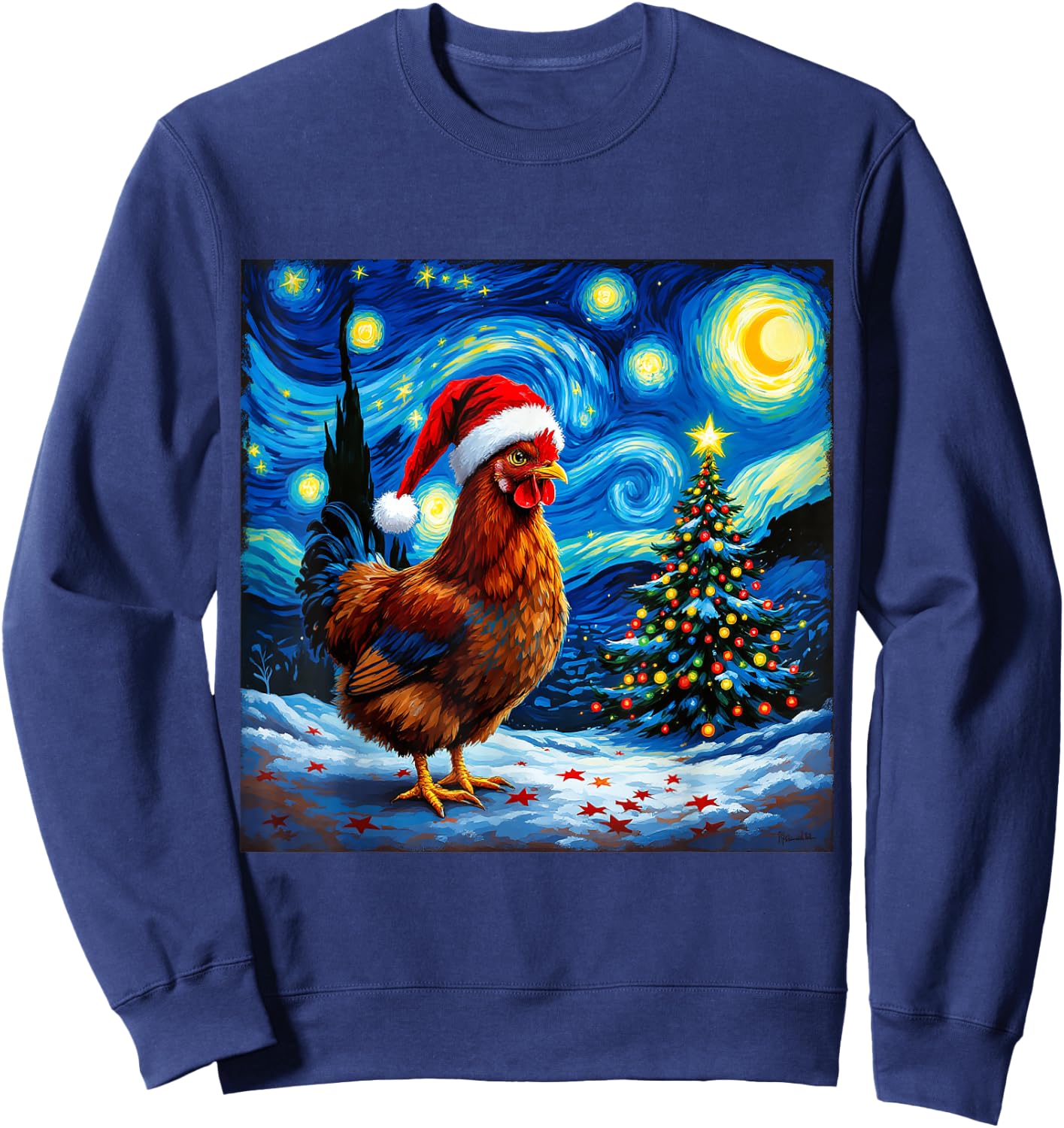 Christmas Chicken Santa Hat Van Gogh Starry Night Holiday Sweatshirt - Sweatshirt | Navy