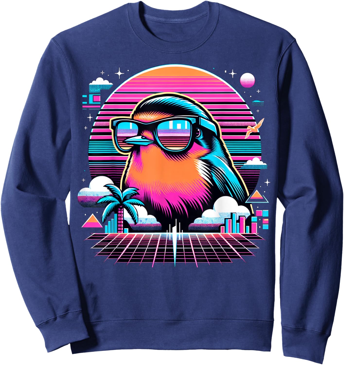 Cool Bird 80s Retrowave 90s Vaporwave American Robin Bird Sweatshirt - Sweatshirt | Navy