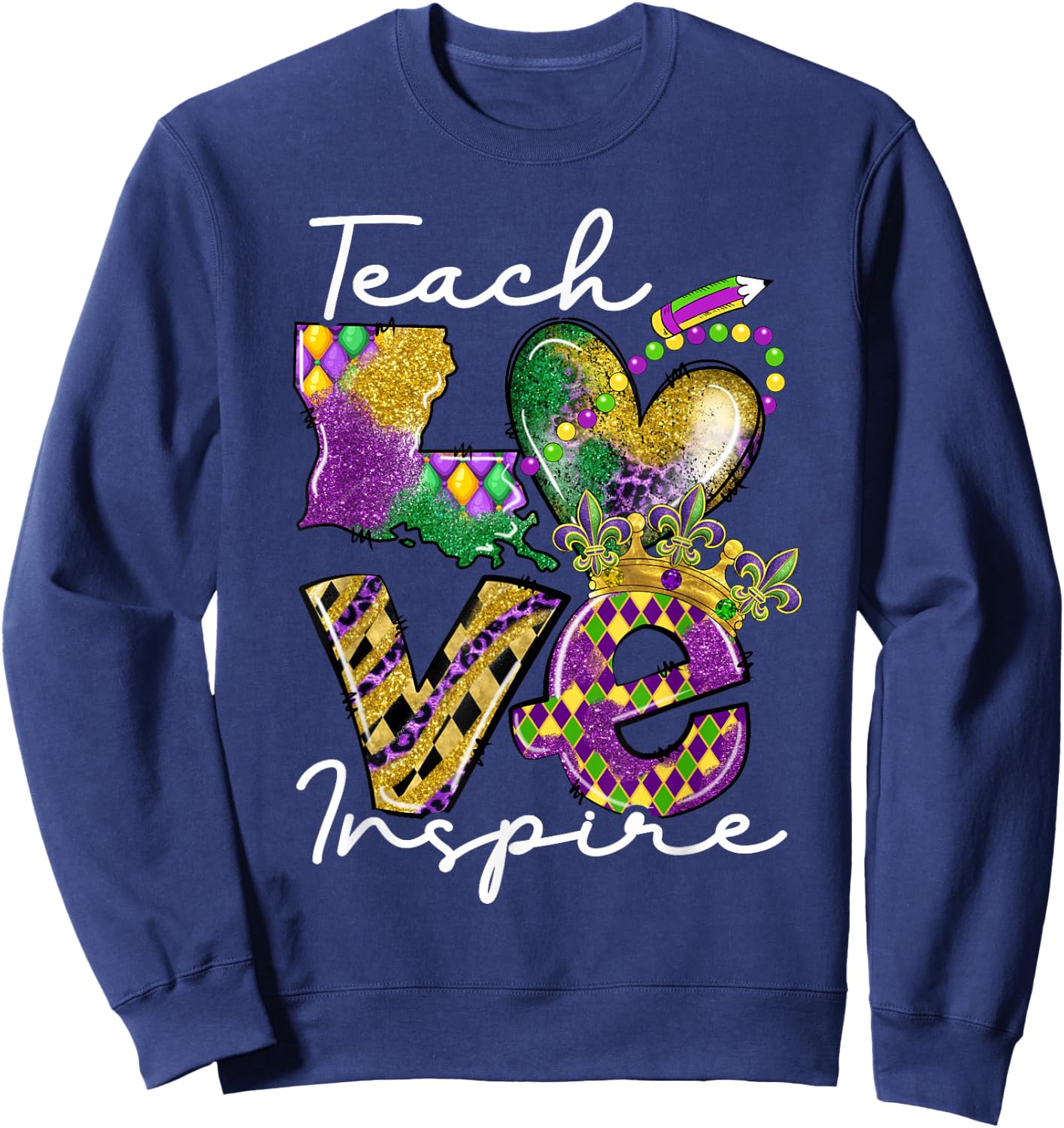Teacher Mardi Gras Teach Love Inspire Carnival Beads Leopard Sweatshirt - Sweatshirt | Navy