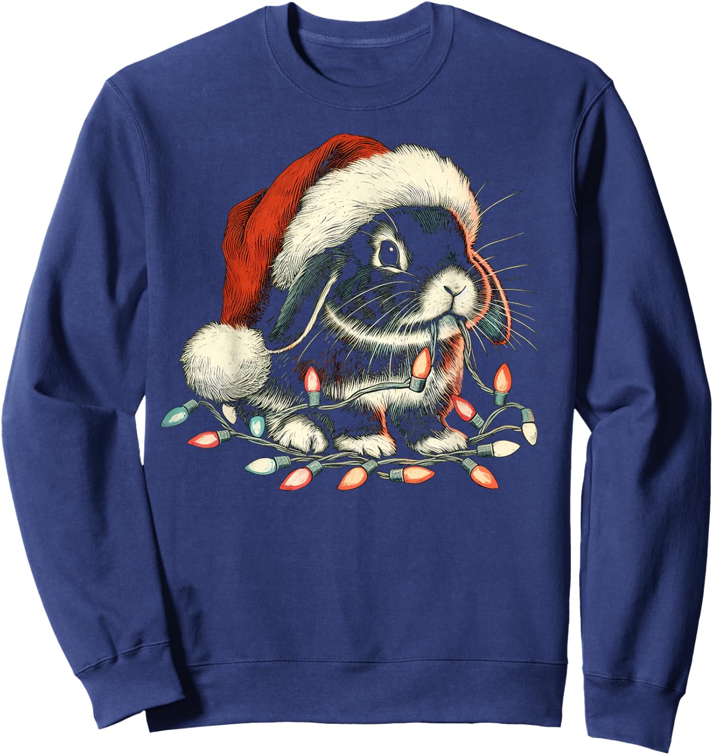 Holland Lop Rabbit Bunny Chew Christmas Light Xmas Holiday Sweatshirt - Sweatshirt | Navy