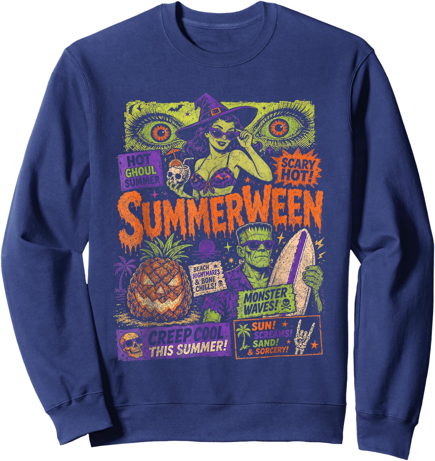 Punk Funny Witch Monster Frankenstein Summerween Beach Trips Sweatshirt - Sweatshirt | Navy