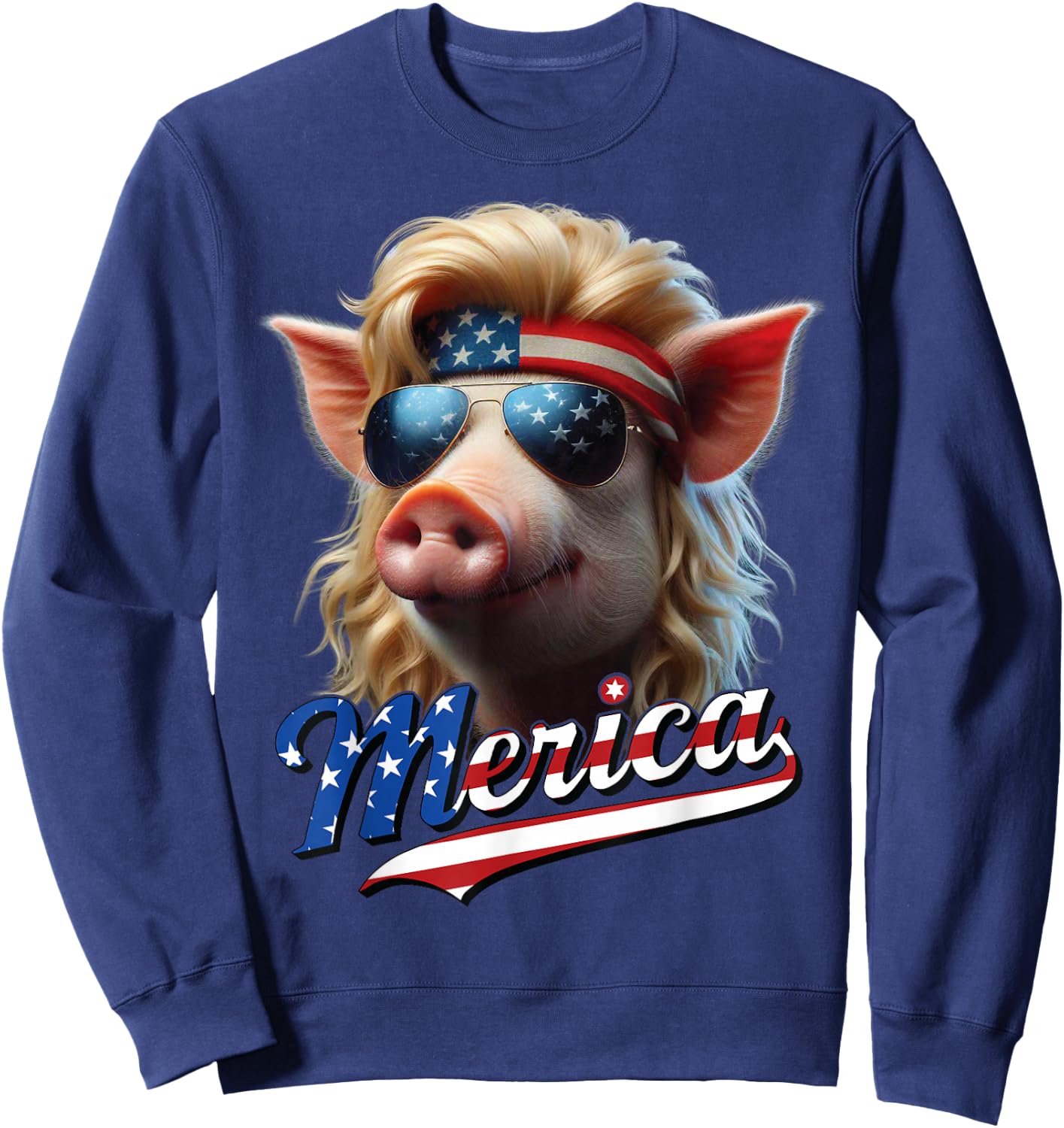 Pig Merica Blonde Mullet Wig USA Flag Funny Sweatshirt - Sweatshirt | Navy