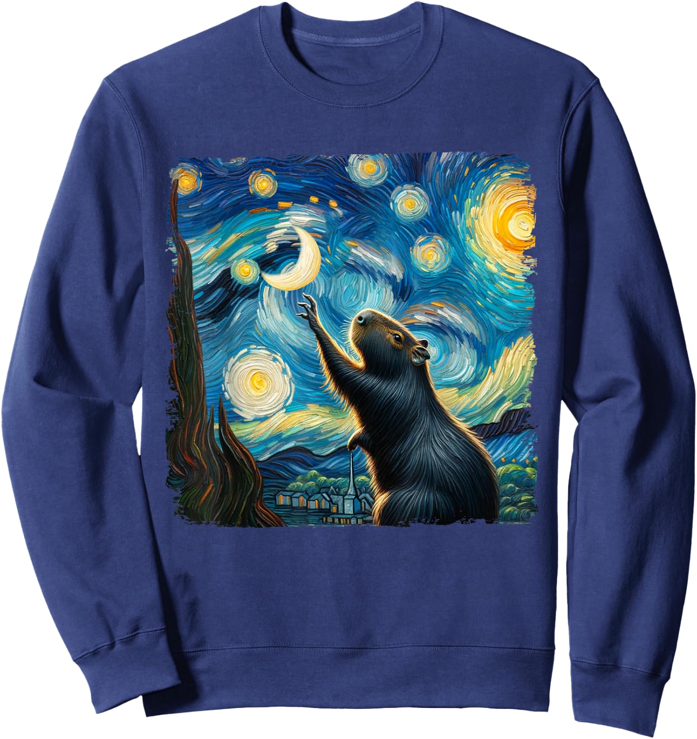 Classic Capybara Starry Night Distressed Capybaras Van Gogh Sweatshirt - Sweatshirt | Navy