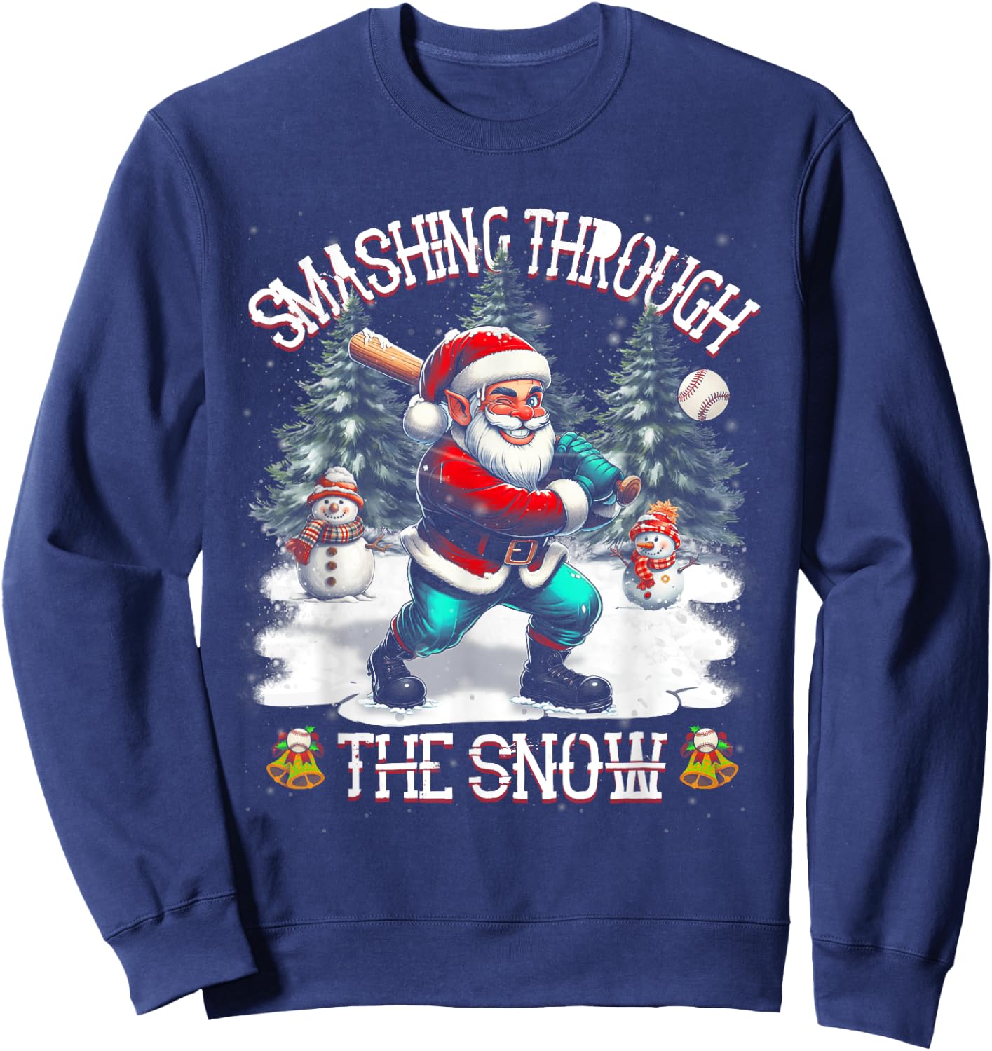 Baseball Player Christmas Santa Smashing Through Snow Sweatshirt - Sweatshirt | Navy