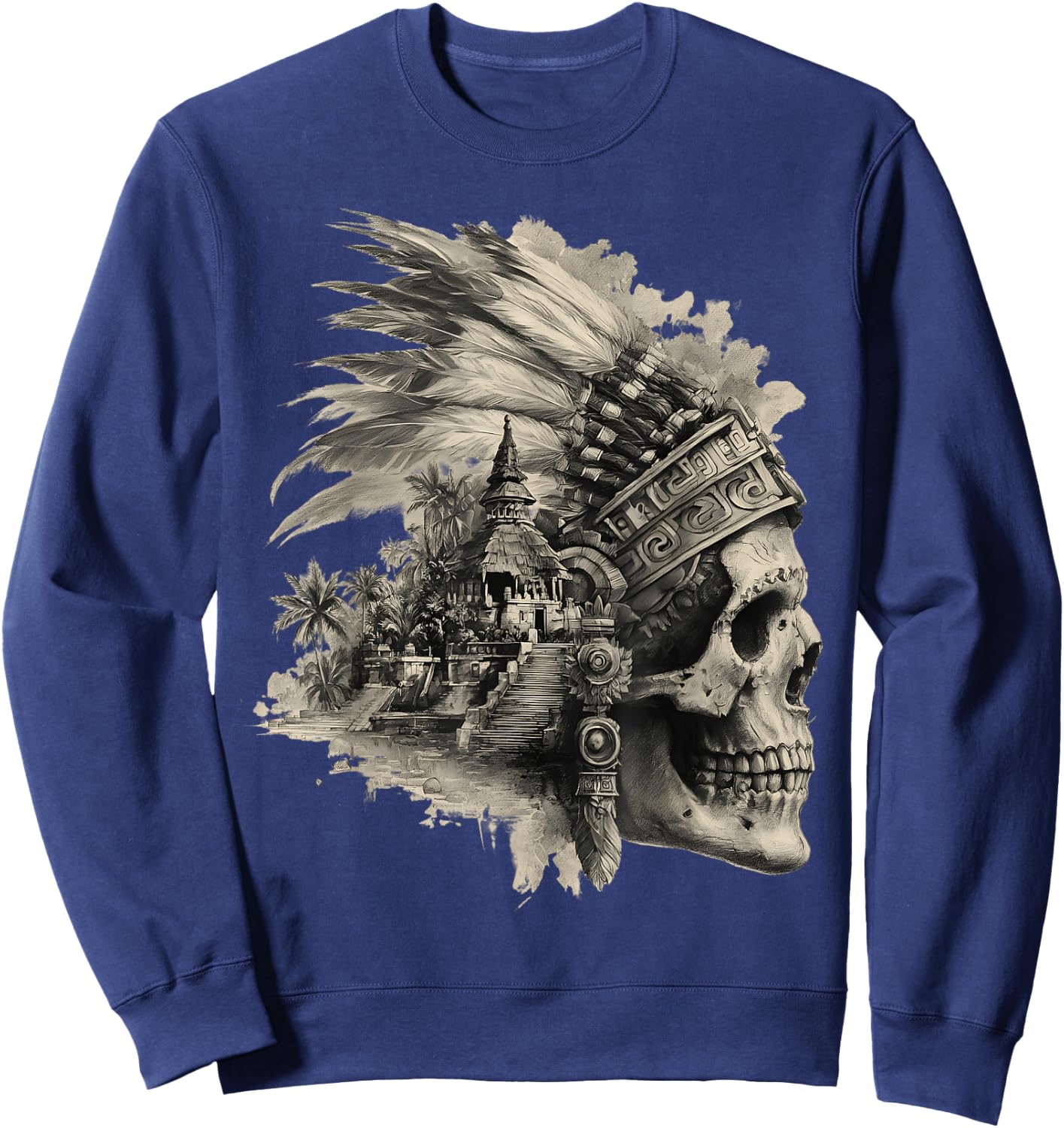 Feather Aztec Skull Maya Mexican Maya Indigenous Aztec Sweatshirt - Sweatshirt | Navy