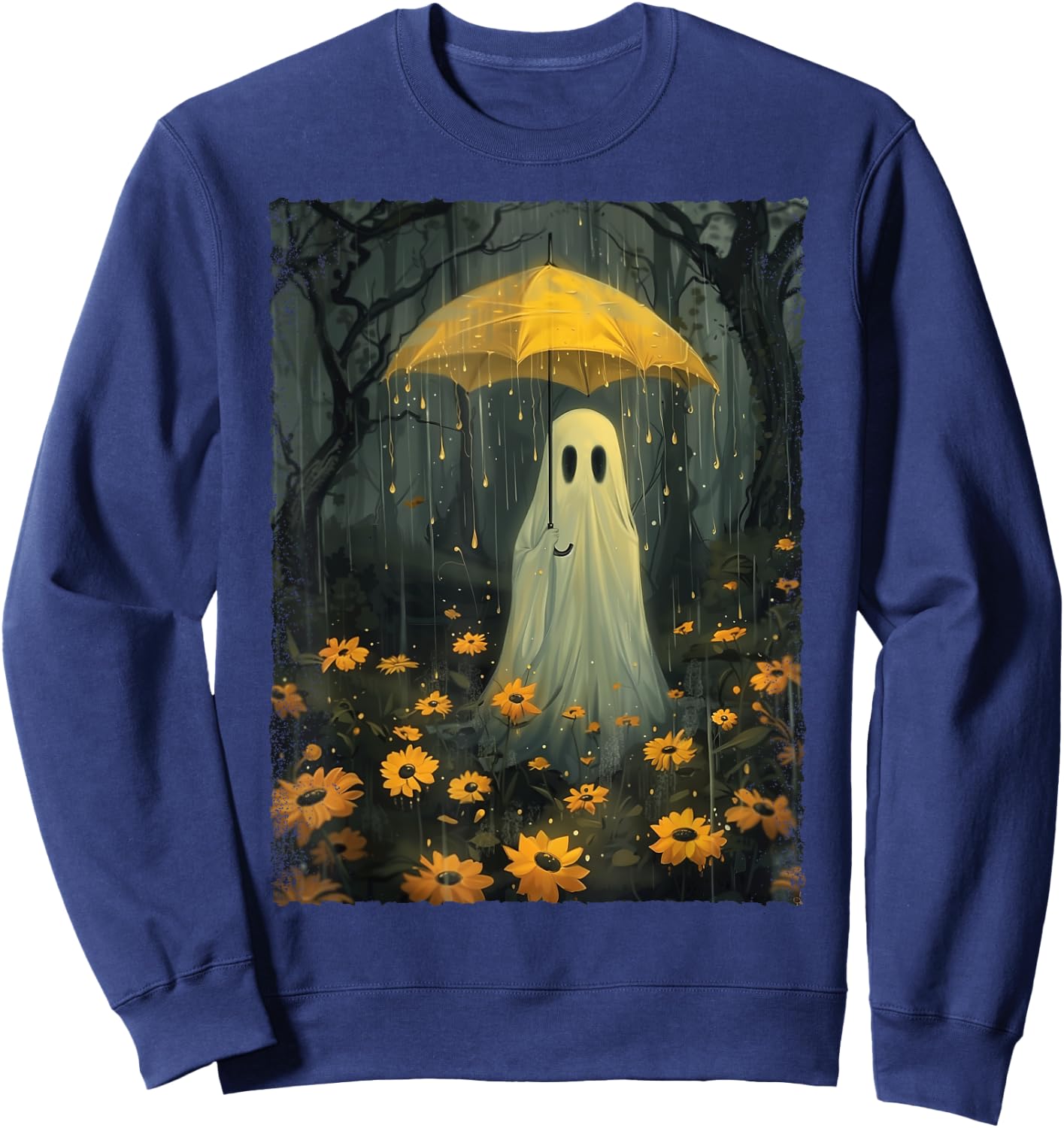 Ghost Holding Umbrella In The Rain Forest Gothic Whimsical Sweatshirt - Sweatshirt | Navy