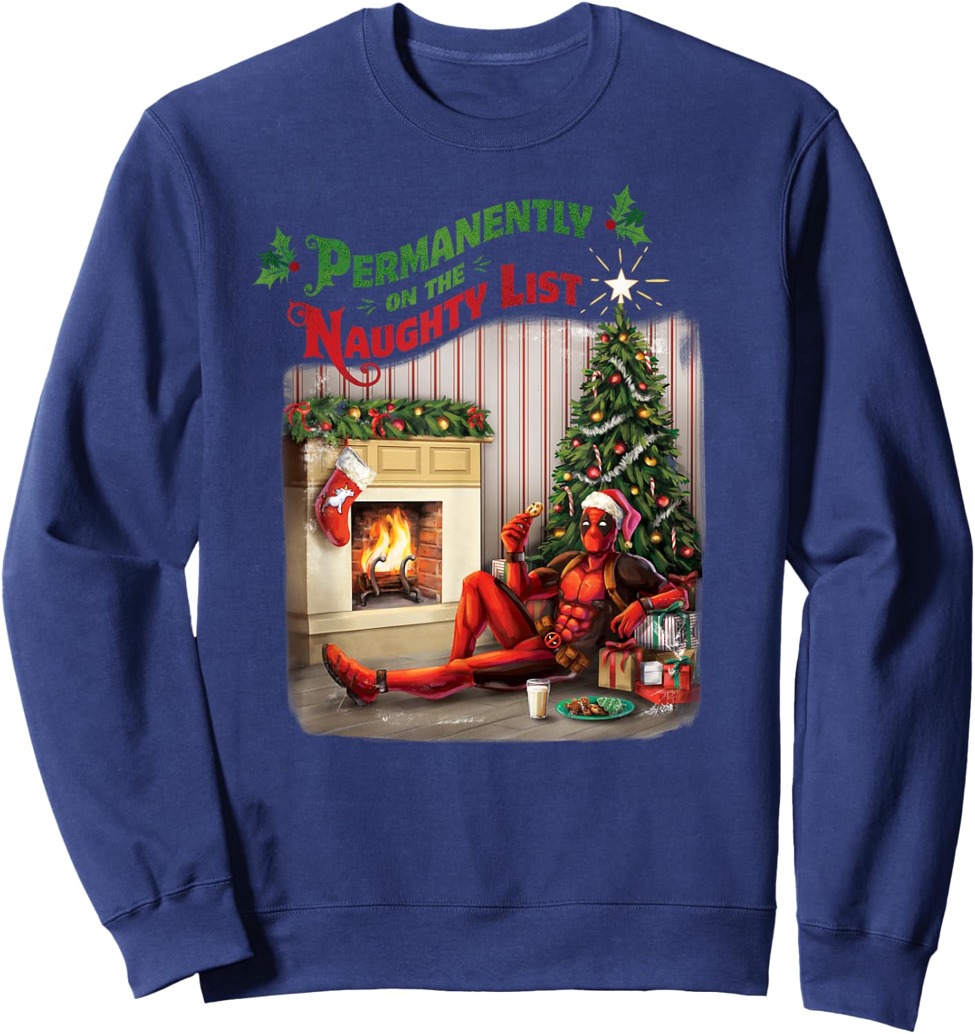 Marvel Deadpool Permanently on The Naughty List Holiday Sweatshirt - Sweatshirt | Navy