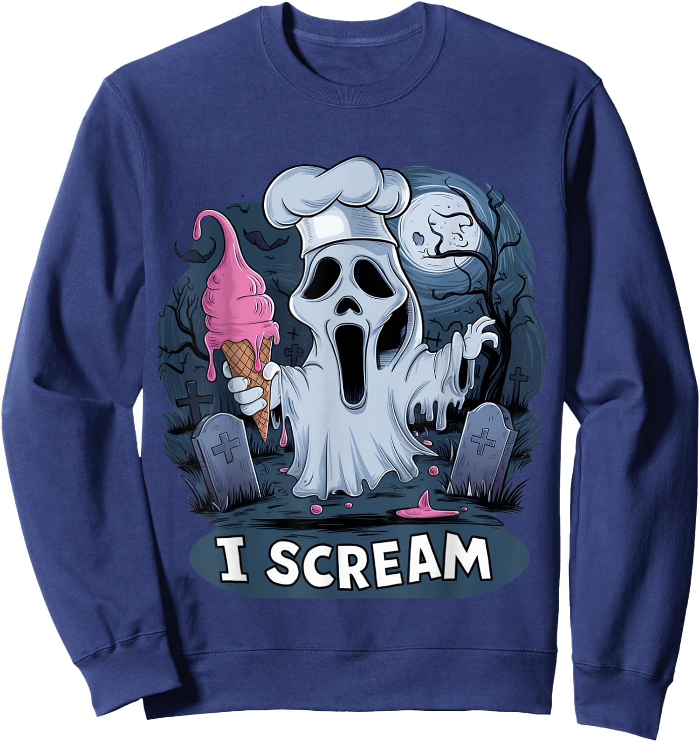 I Scream Ghost with Ice Cream Cone Funny Halloween Cemetery , Black, S Sweatshirt - Sweatshirt | Navy