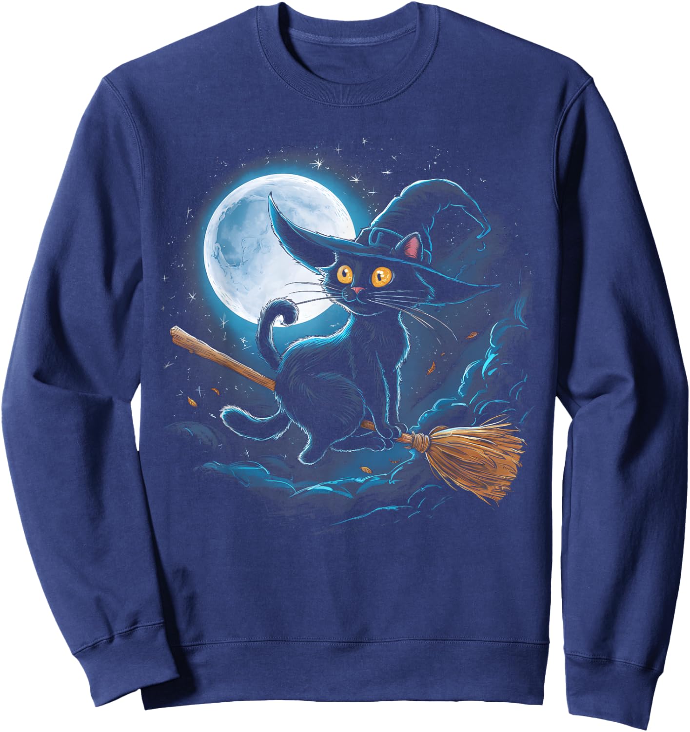 Witchy Black Cat on a Broomstick with Full Moon Halloween Women Kids Sweatshirt - Sweatshirt | Navy