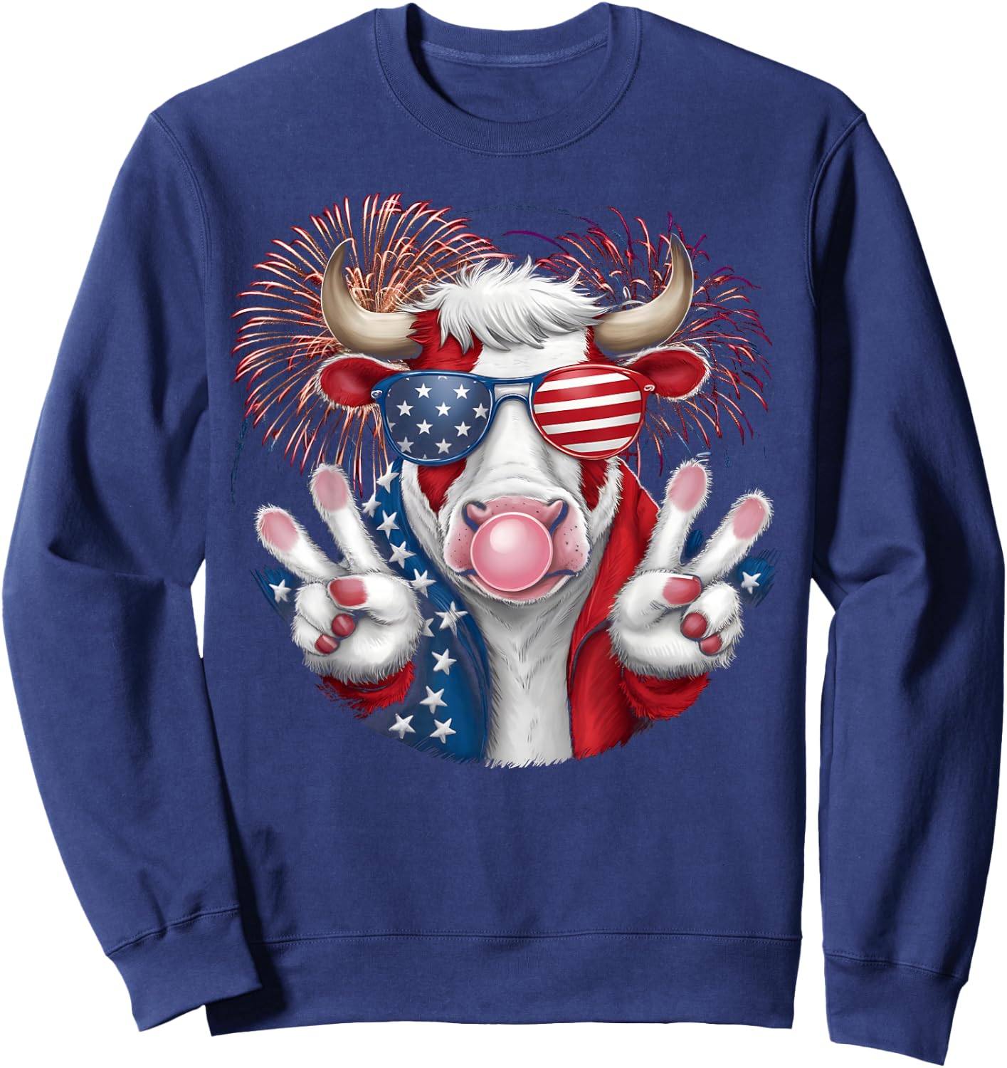 Fourth of July Firework Bull cow Patriotic American Flag Sweatshirt - Sweatshirt | Navy