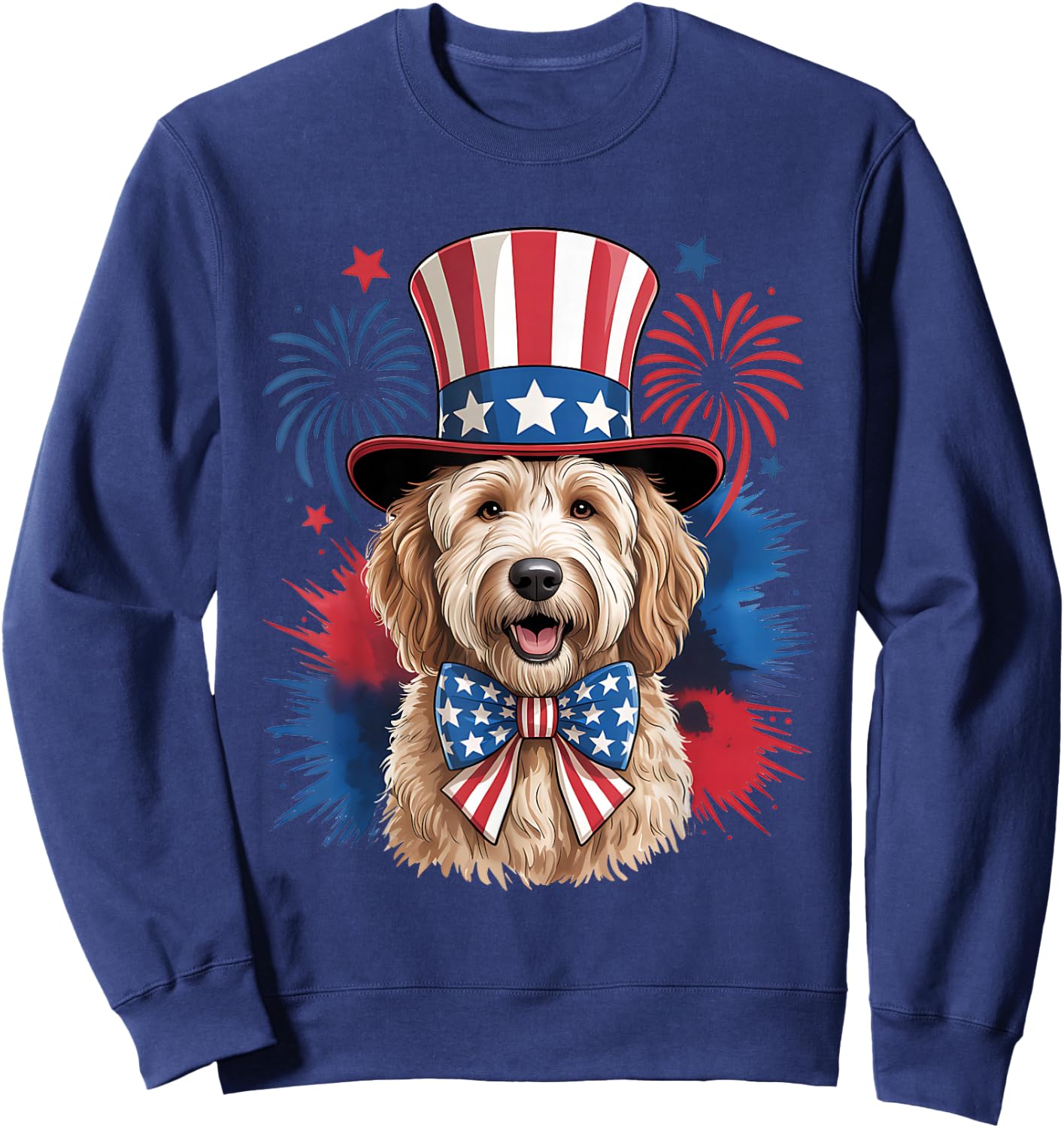 Cute Goldendoodle Dog 4th of July USA Patriotic Hat and Bow Sweatshirt - Sweatshirt | Navy