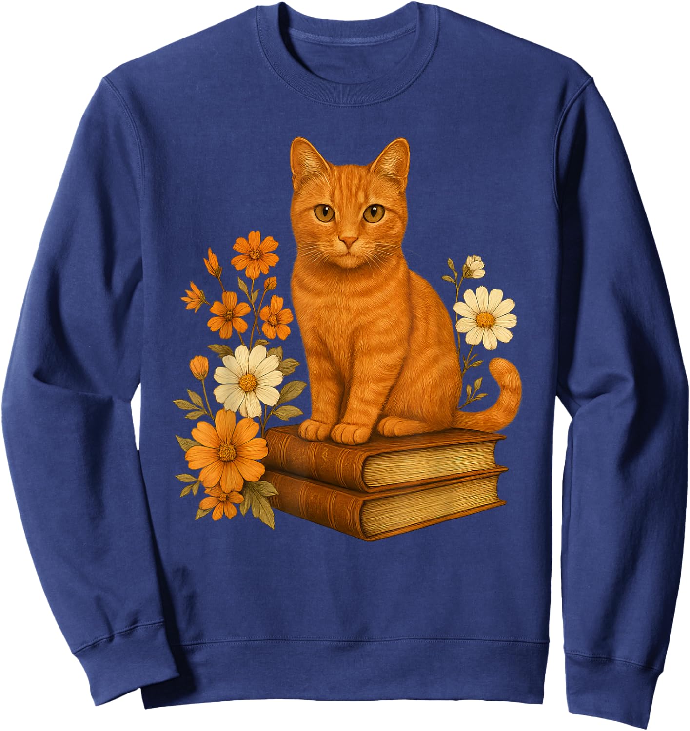 Cute Orange Cat Book Flowers Sweatshirt - Sweatshirt | Navy