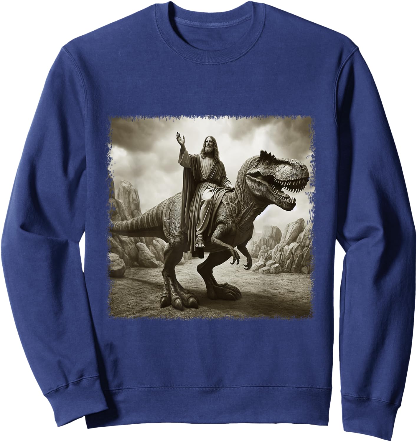 Vintage Jesus Riding T Rex Dinosaur Believers Christian Sweatshirt - Sweatshirt | Navy
