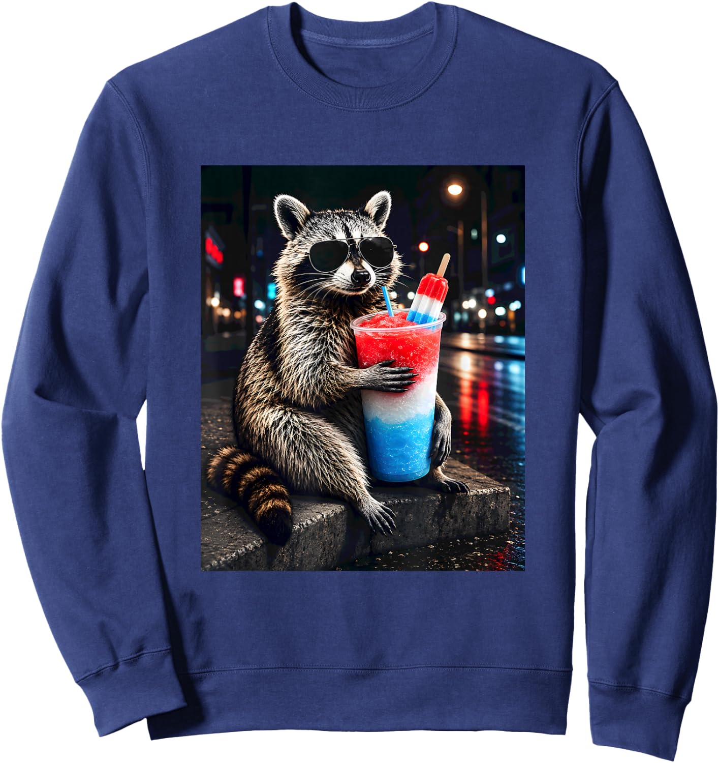 4th of July Raccoon Drinking Iced Cocktail Funny Animal Meme Sweatshirt - Sweatshirt | Navy