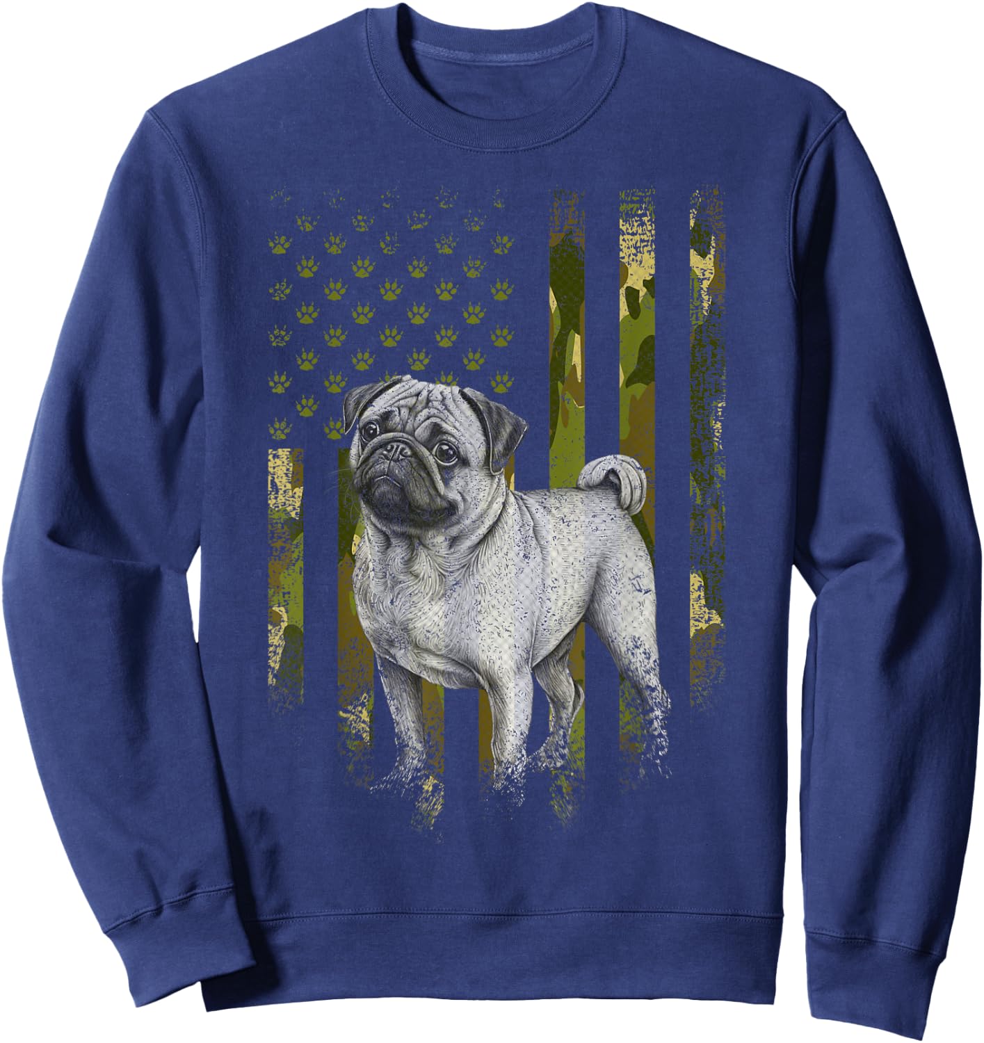 Vintage Camouflage USA Camo Flag Pug Dog 4th Of July Sweatshirt - Sweatshirt | Navy
