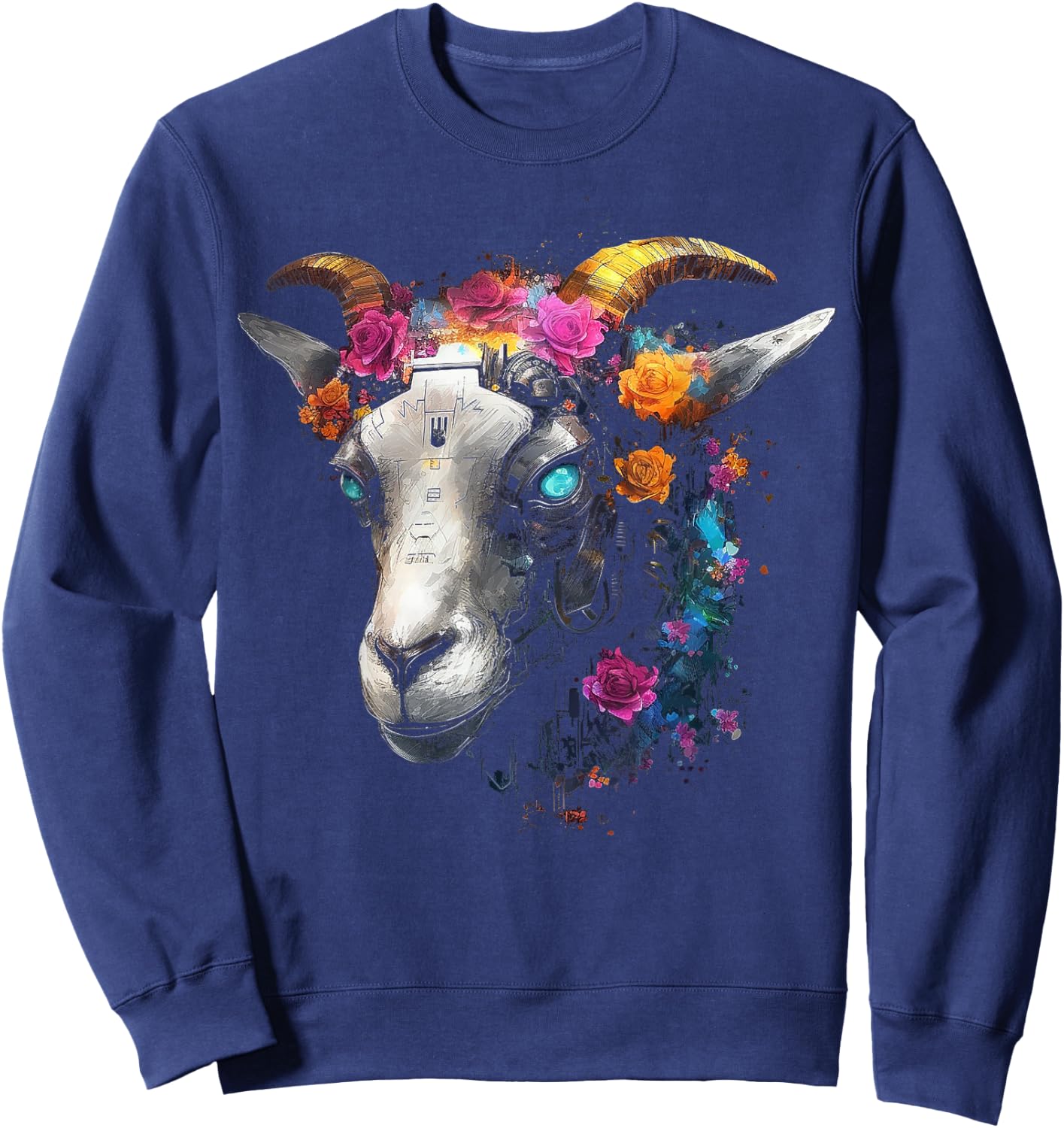 Goat Fantasy Blue Eyes - Artwork | Animal Motif Goat Sweatshirt - Sweatshirt | Navy