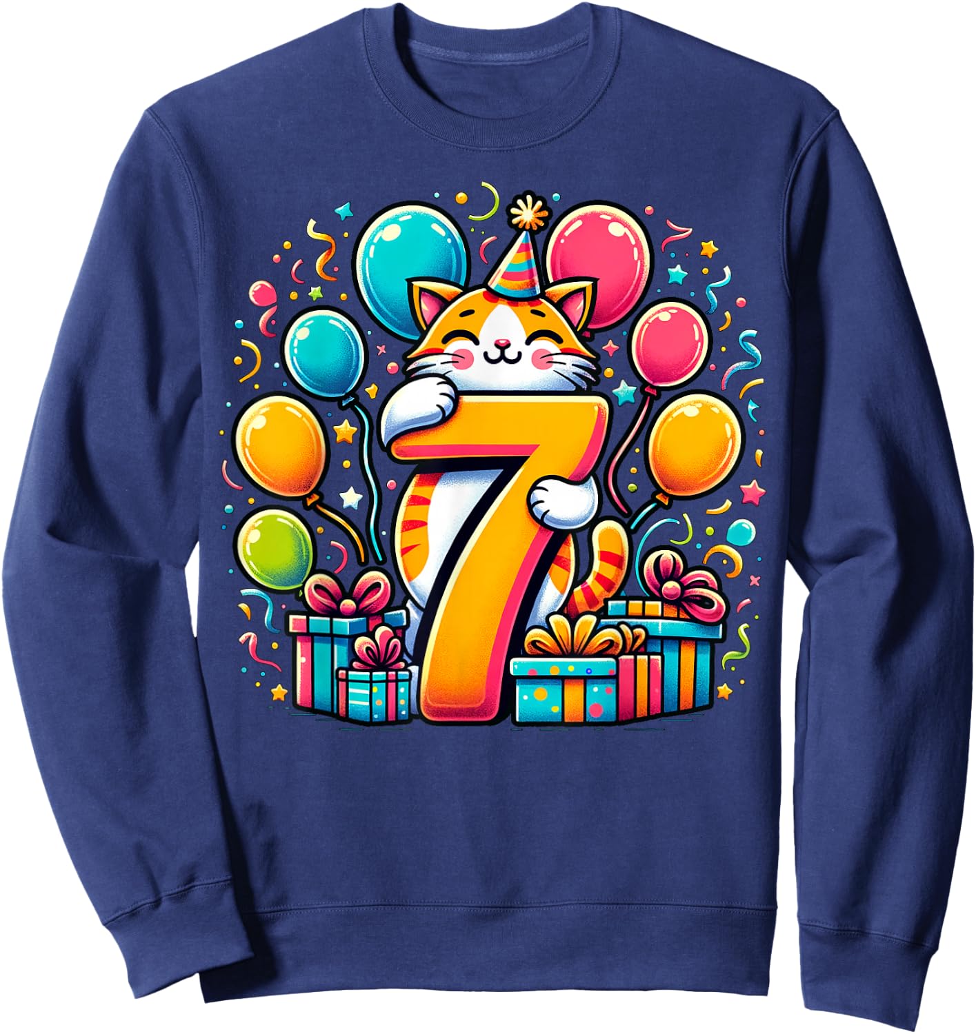 Cat 7th Birthday Boy Girl 7 Years Old Seventh Seven Cat , black Sweatshirt - Sweatshirt | Navy