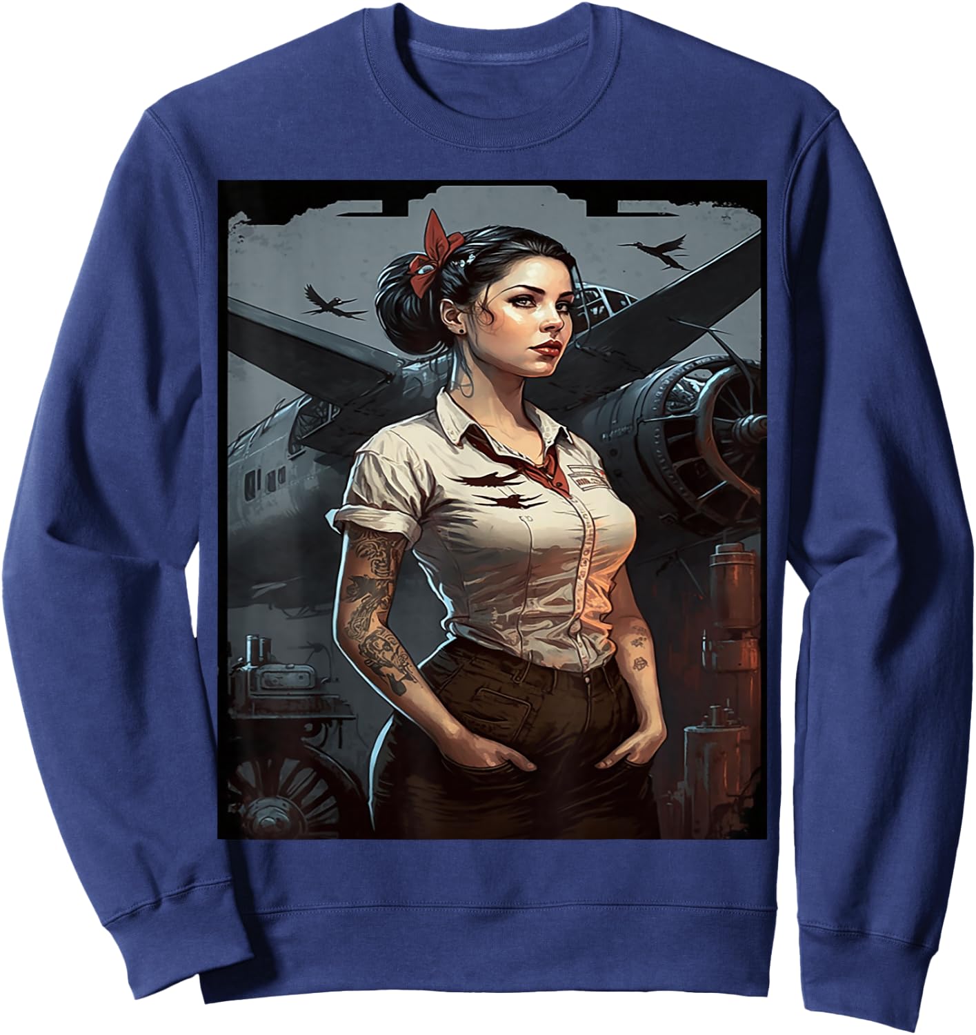 Strong Military Pinup Woman With Tattoos Airplane Retro Art Sweatshirt - Sweatshirt | Navy