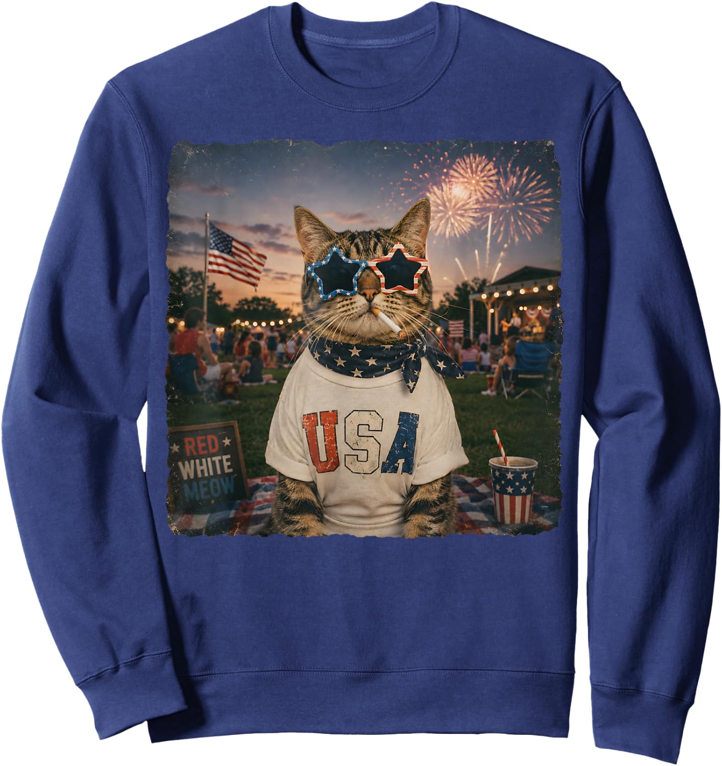 Funny American Cat Smoking Sunglasses Meme Funny 4th of July Sweatshirt - Sweatshirt | Navy
