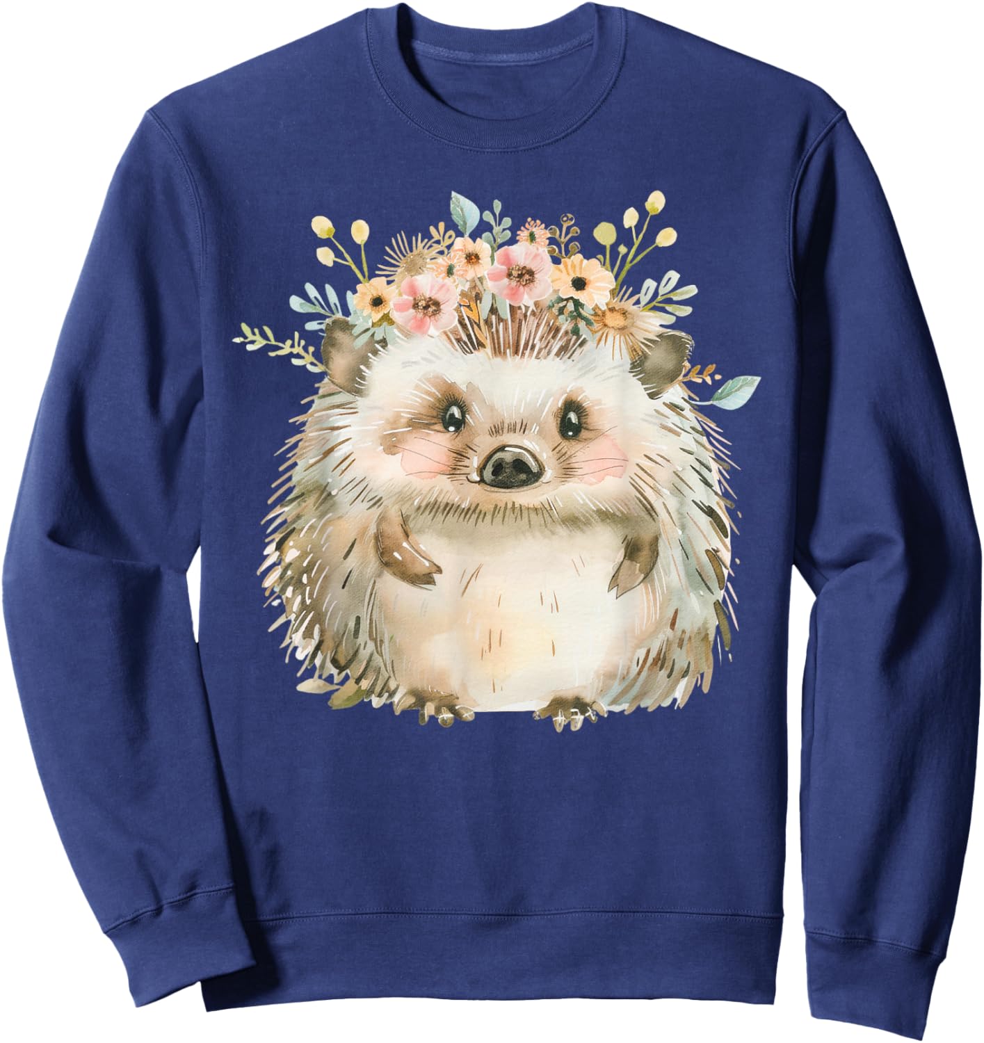 Hedgehog Boho Forest Animal Flower Flowers Vintage , black Sweatshirt - Sweatshirt | Navy
