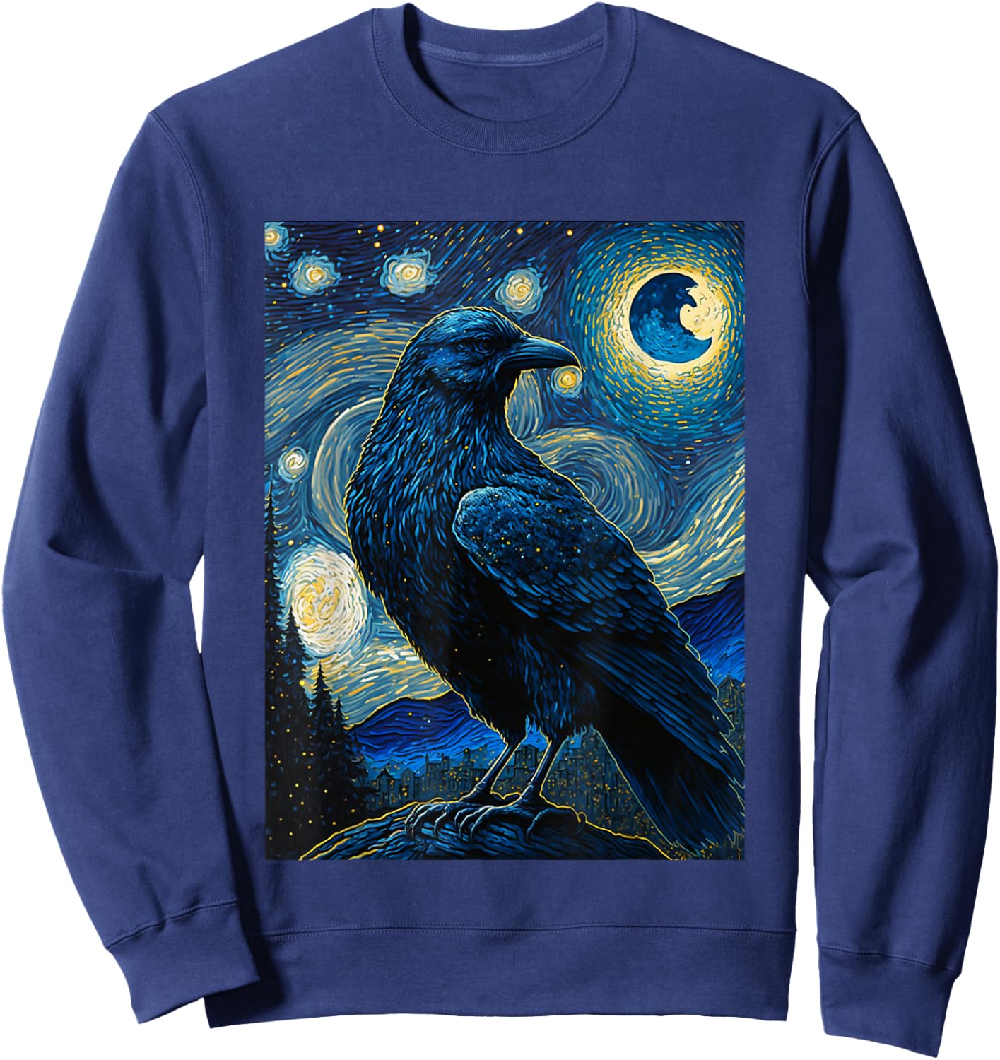 Raven Starry Night Style Painting, Van Gogh Crow Lover Sweatshirt - Sweatshirt | Navy