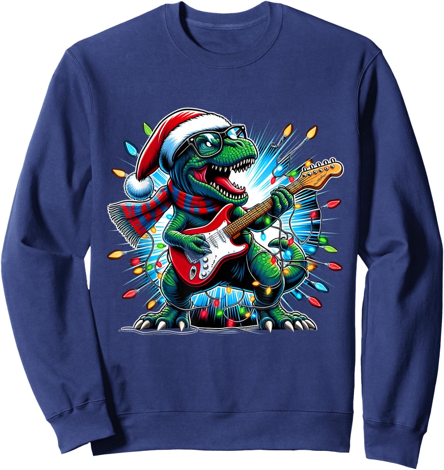 Dinosaur Guitar Player Xmas Funny Trex Dinosaur Christmas Sweatshirt - Sweatshirt | Navy