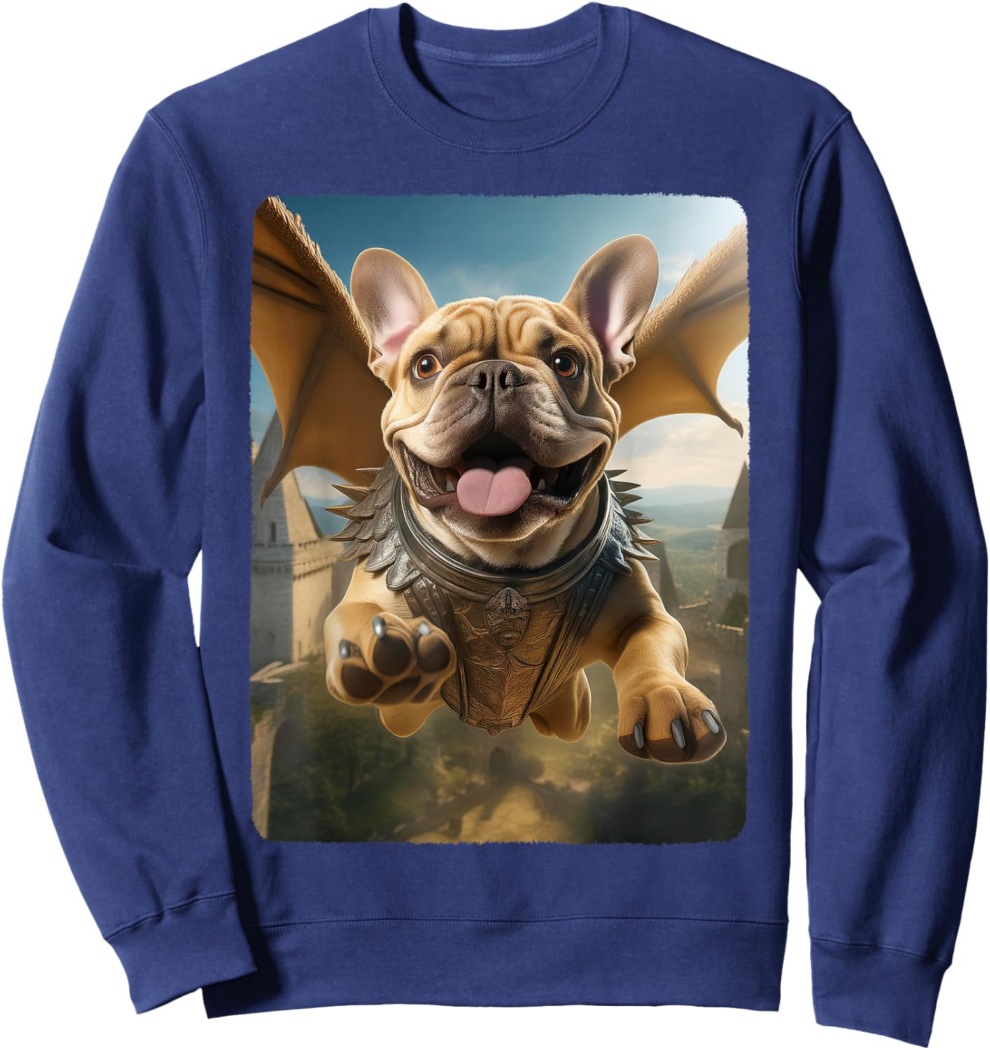 Frenchie Flying Cute Fantasy From Dog House to Sky Dragon Men Women Girls Kids Sweatshirt - Sweatshirt | Navy